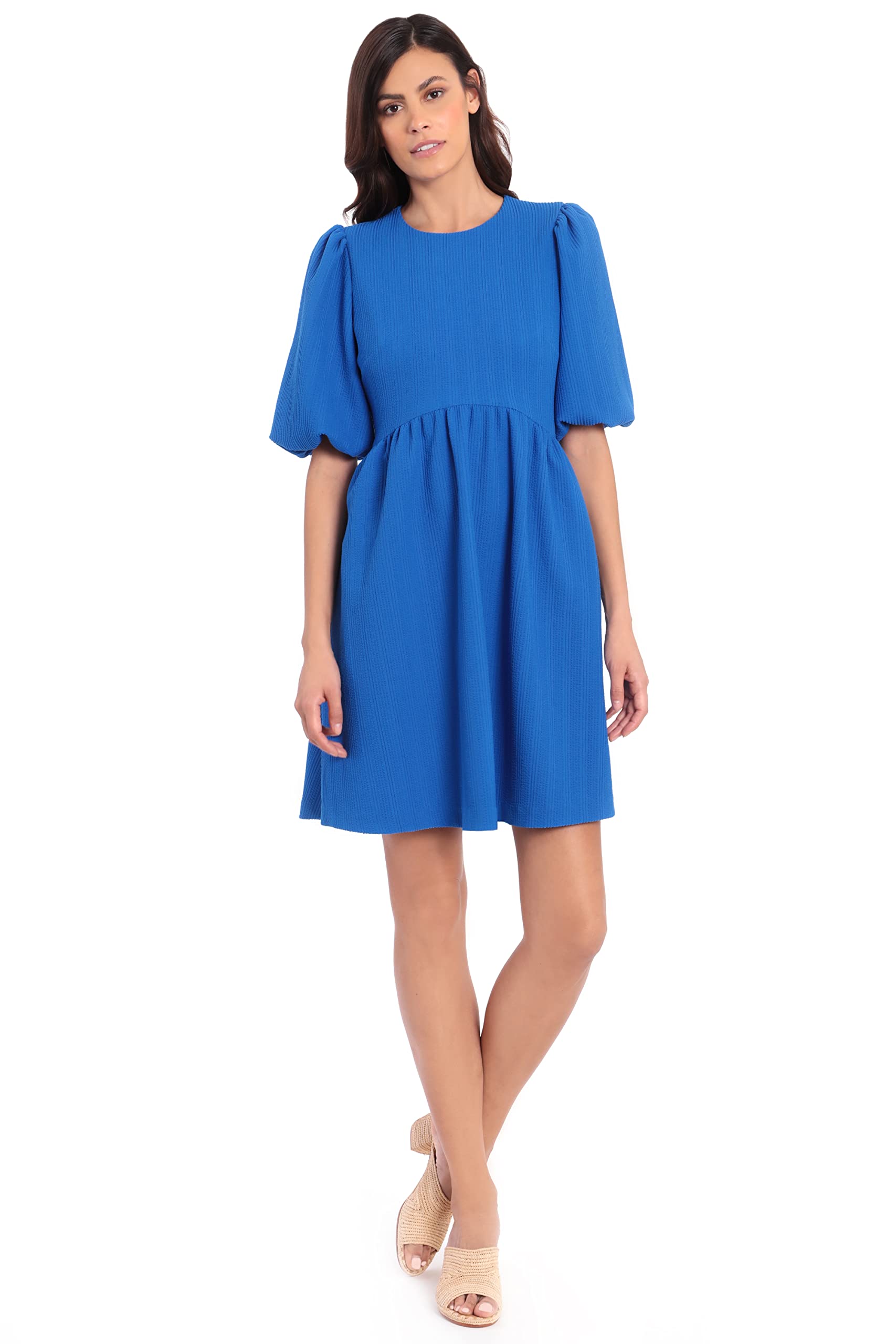 Maggy London Women's Petite Puff Short Sleeve Seersucker Dress - Curved Empire Waist, Shirred Above Knee Skirt | Summer Casual, Garden Party, Wedding Guest Outfit