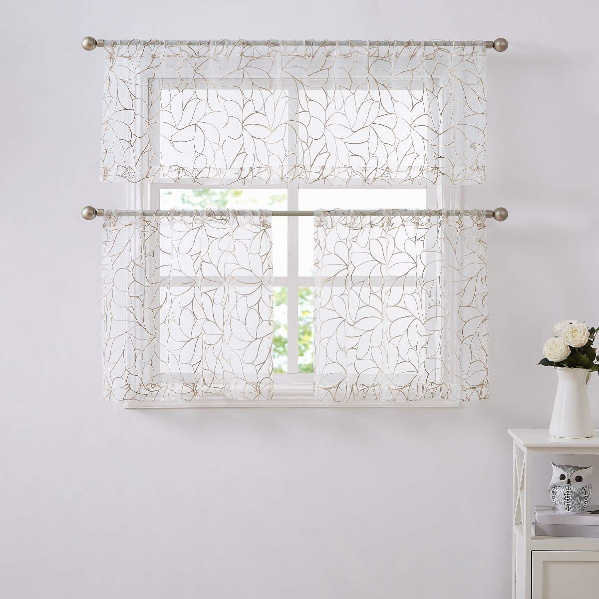 30 x 36 Inch Short White Kitchen Curtains with Brown Linen Thread - Boho Cafe Style Pair for Windows, Perfect for RV, Basement & Bathroom Decor | Warm Home Designs