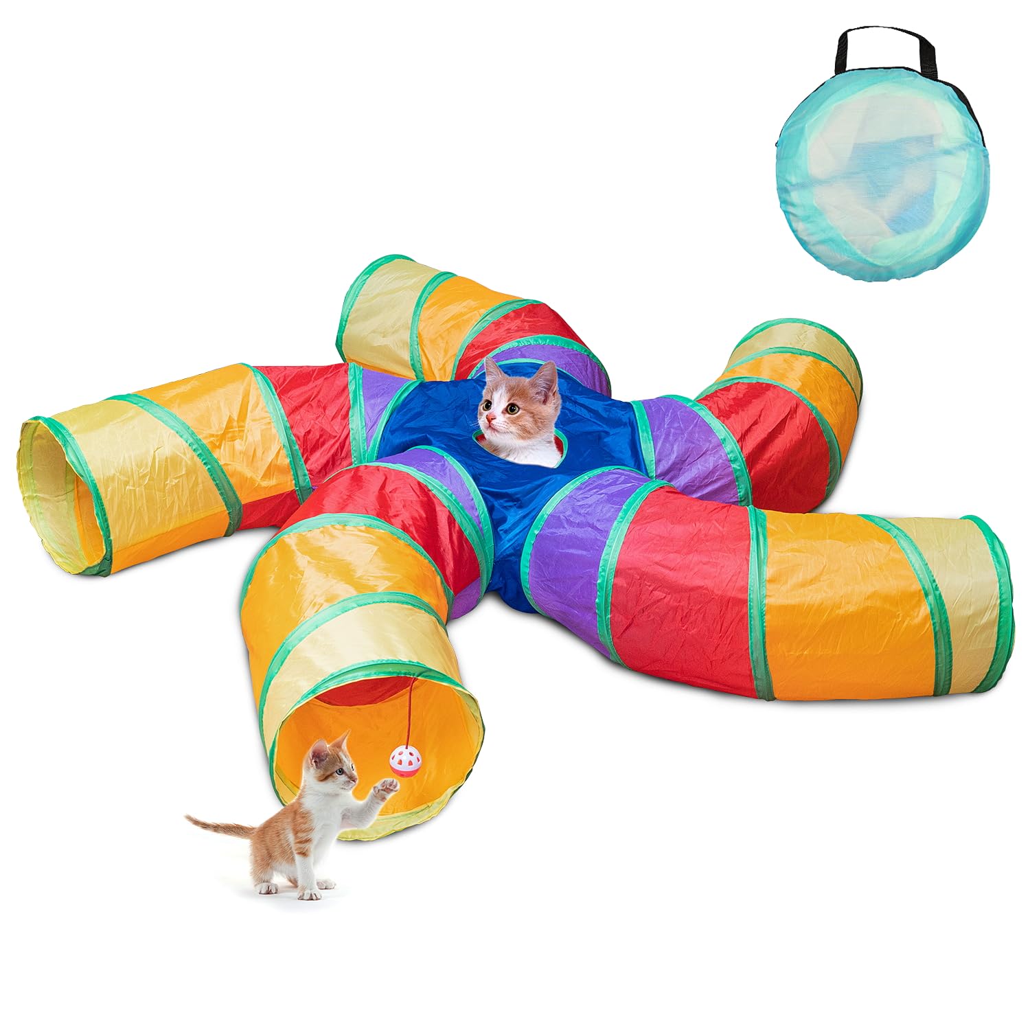 Depets 5-Way Large Cat Tunnel for Indoor Play - Interactive S-Shaped Foldable Pet Tube with Peephole & Play Ball - Perfect for Kittens, Puppies & Rabbits - Great for Exercise, Hide & Seek, and Indoor Enrichment Activities
