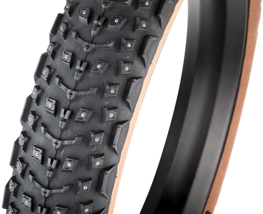 45NRTH Dillinger 5 Winter Bike Tire - 27.5 x 4.5 Tubeless Folding Tan 60TPI 252 Concave Studded for Snow & Ice - Perfect for Fat Biking, Mountain Trails & Extreme Winter Cycling