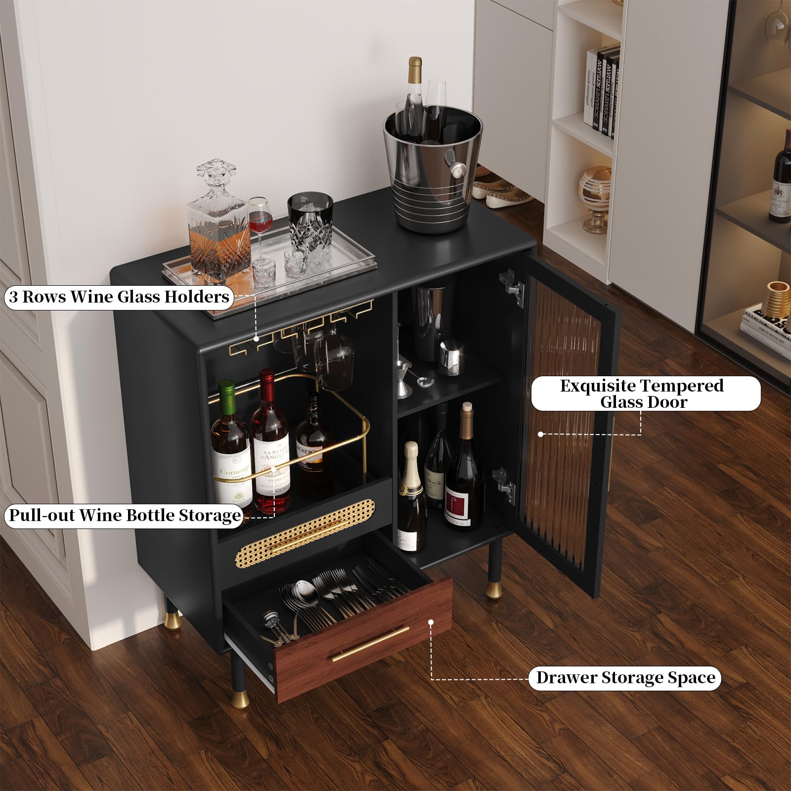 Modern Coffee Bar Cabinet with Wine Glass Rack & Storage Drawers - Black Kitchen Liquor Cabinet with Pull-Out Wine Rack for Dining Room, Living Room & Home Bar - Perfect for Entertaining Guests & Stylish Home Decor