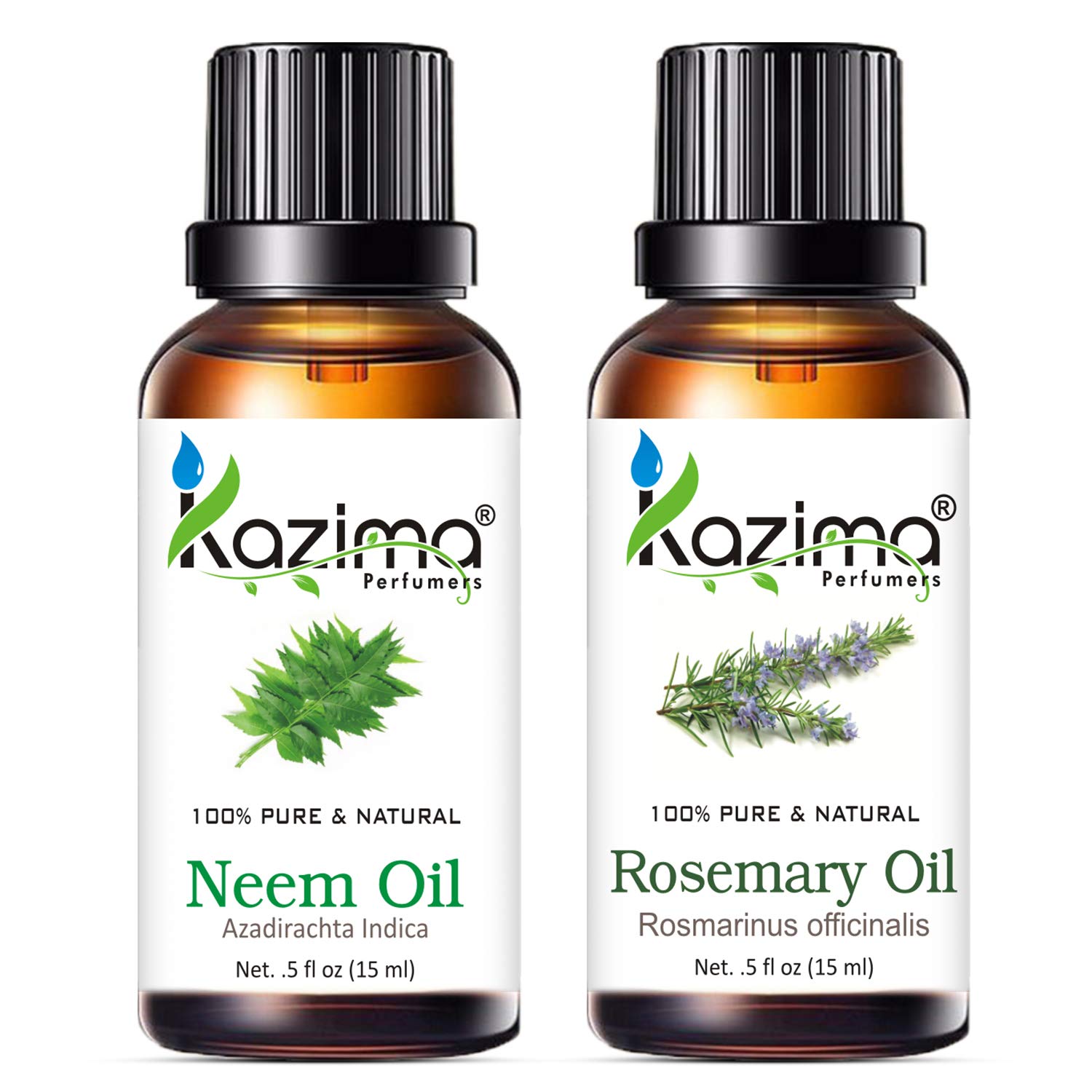KAZIMA Neem Carrier Oil & Rosemary Essential Oil Combo - 100% Pure Natural for Acne, Scars, Wrinkles, Hair Growth, Muscle & Joint Relief (15ml Each) - Perfect for Aromatherapy, Massage & DIY Skincare