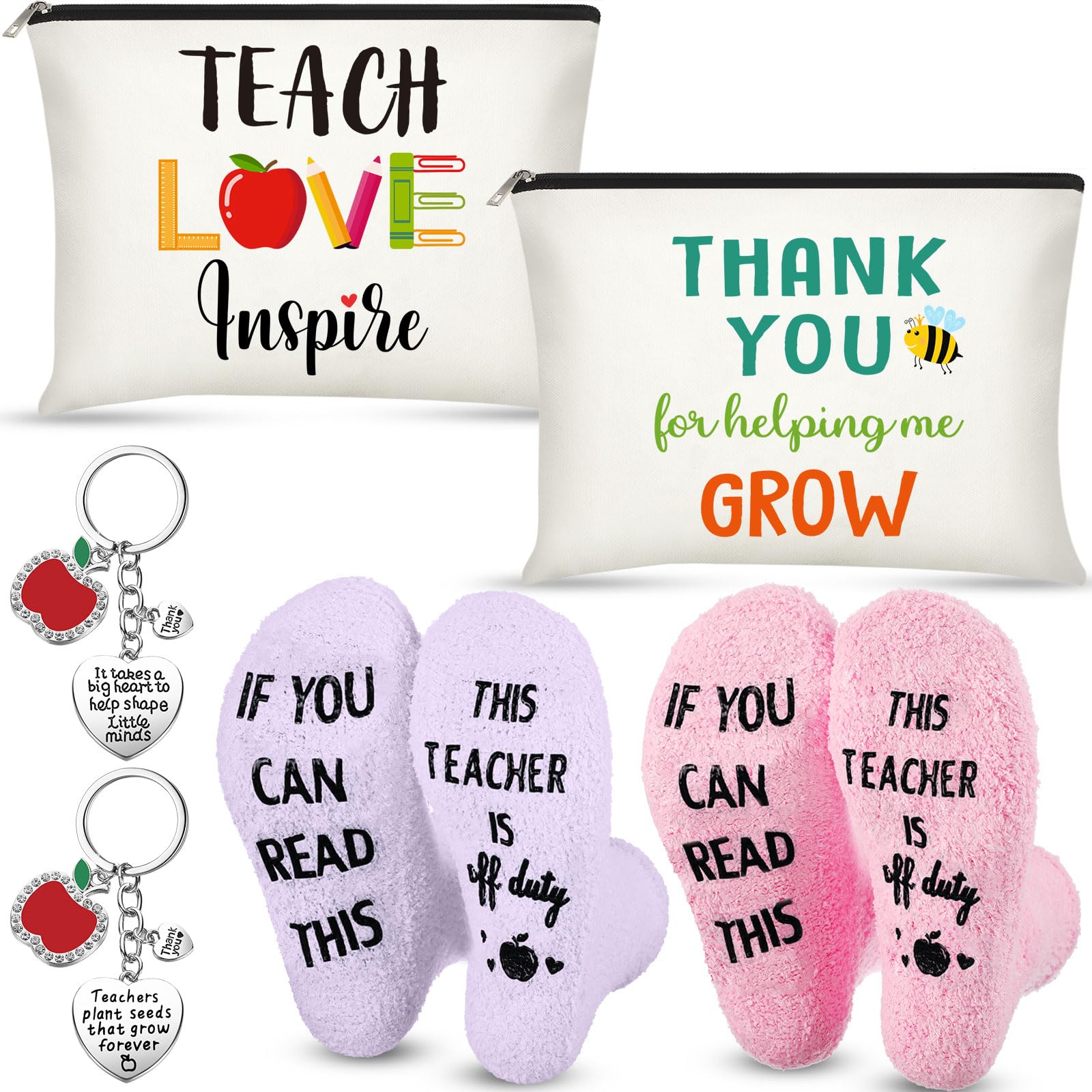 Saintrygo 6-Piece Teacher Appreciation Gift Set for Women - 2 Cosmetic Makeup Bags, 2 Pairs Cozy Fuzzy Socks & 2 Keychains (White, Teach Love Inspire) - Perfect Thank You Gift for Teachers, Educators & Mentors