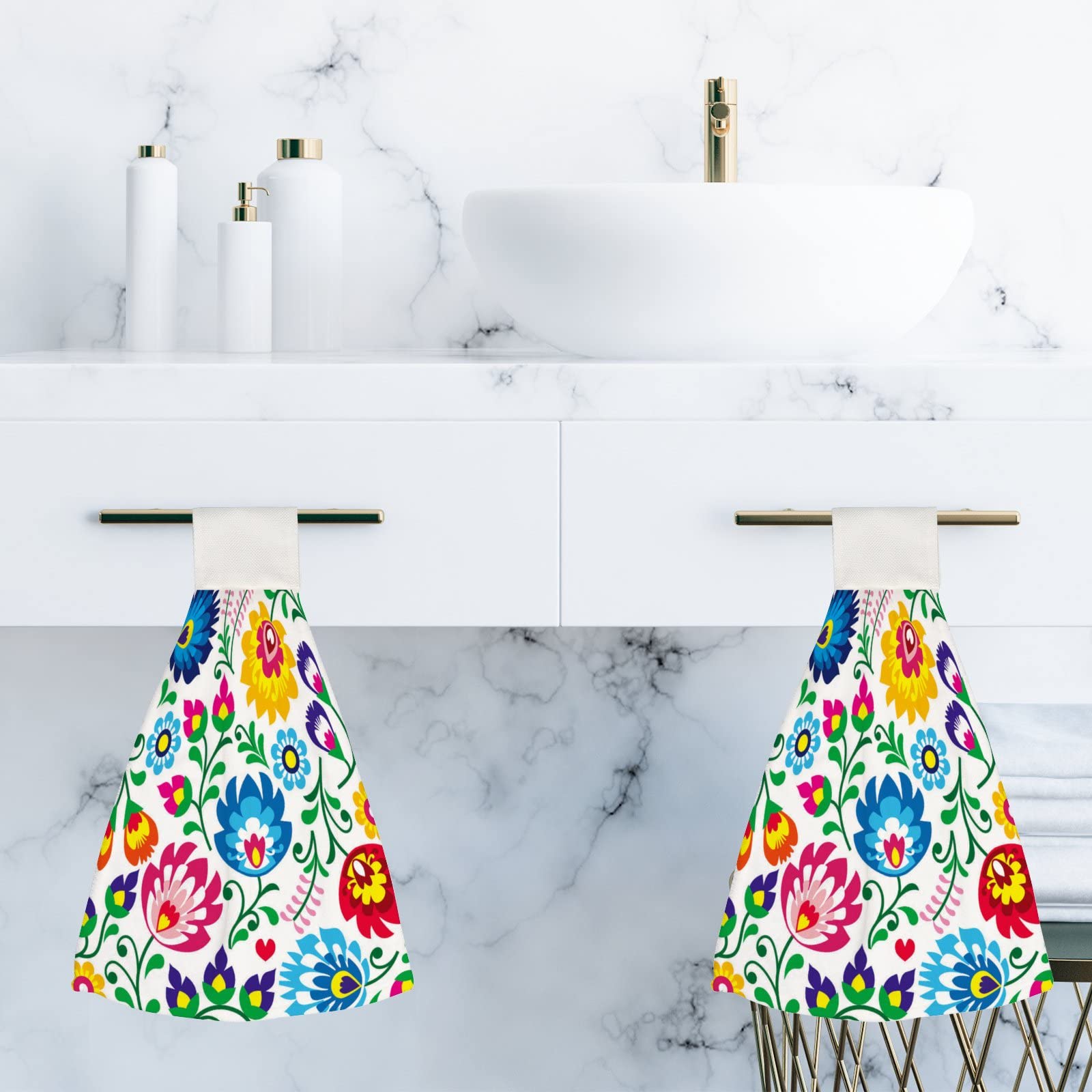 Floral Polish Folk Art Microfiber Hanging Kitchen Towels - 2 Pack Absorbent Hand Towels with Tie Loop for Bathroom, Kitchen & Home Decor - Perfect for Drying Dishes, Wiping Hands & Adding Rustic Charm