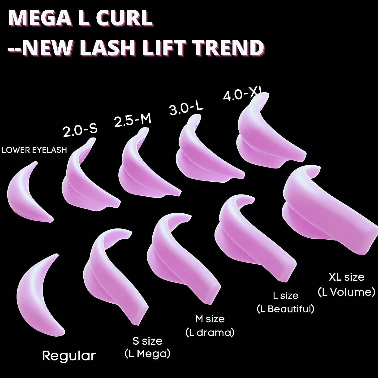 Premium Lash Lift Rods & Eyelash Perm Pads - 6 Sizes for All Eye Shapes, Mega L Curl Lamination Shield (Pink) - 100 Uses for Salon & Home Lash Treatments - Perfect for Professional Stylists & DIY Beauty Enthusiasts