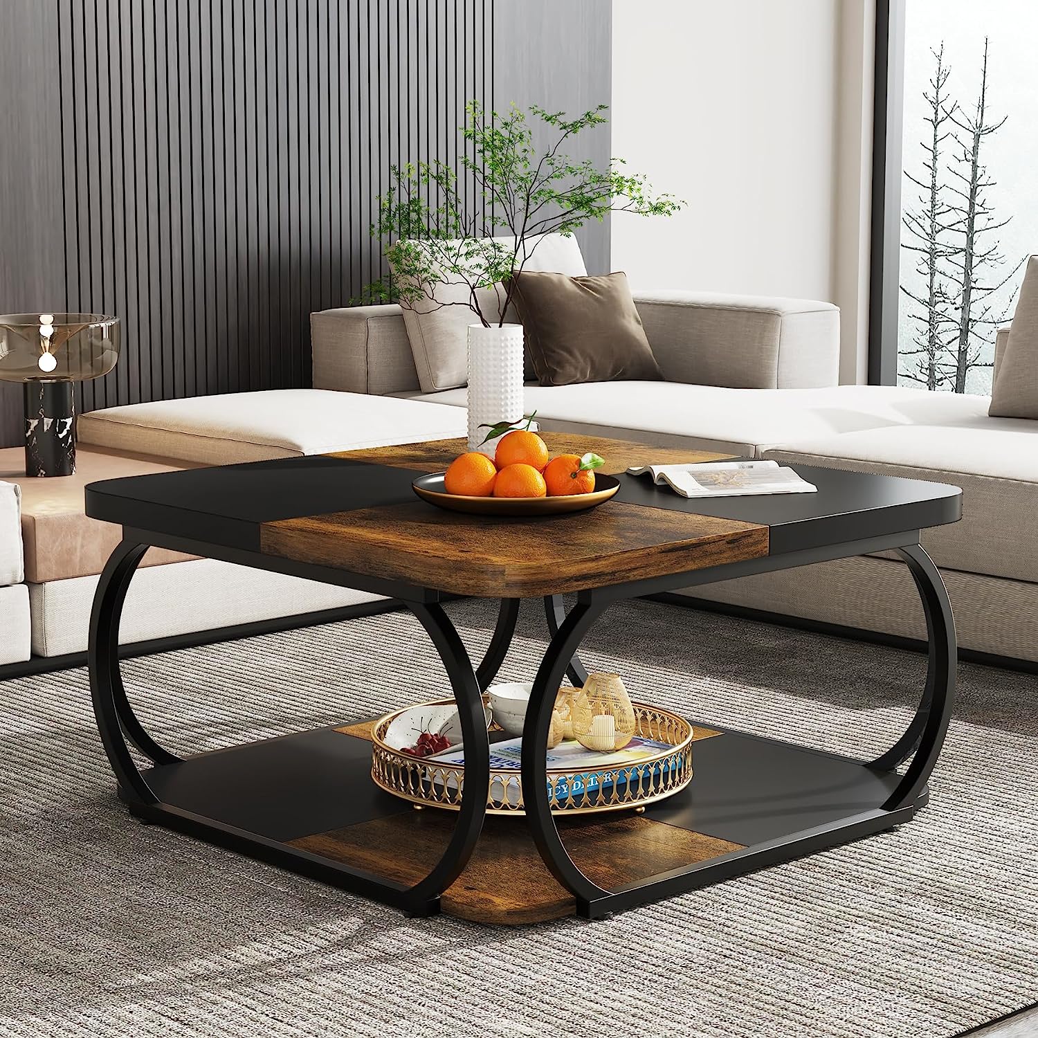 Modern Square Coffee Table with 2-Tier Shelves - 39 Inch Center Cocktail Table for Living Room - Perfect for Small Spaces, Home Decor & Entertaining Guests