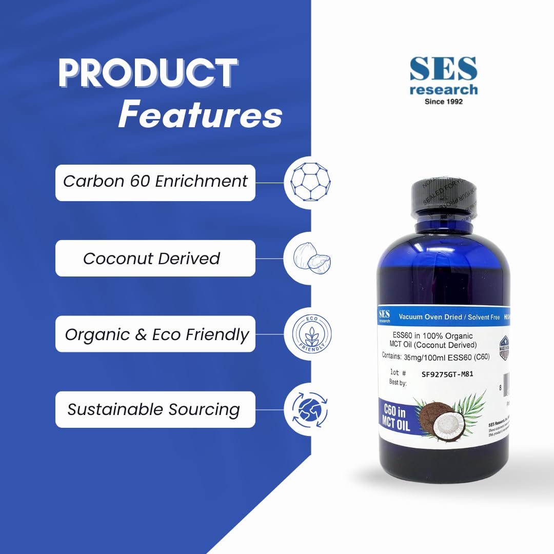 SES Research C60 Organic MCT Oil Coconut Derived - 99.99% Pure Carbon60 - Antioxidant Nootropic Supplement for Longevity, Sleep, Energy & Immunity - 4Oz Bottle - Perfect for Daily Wellness Routine and Cognitive Support