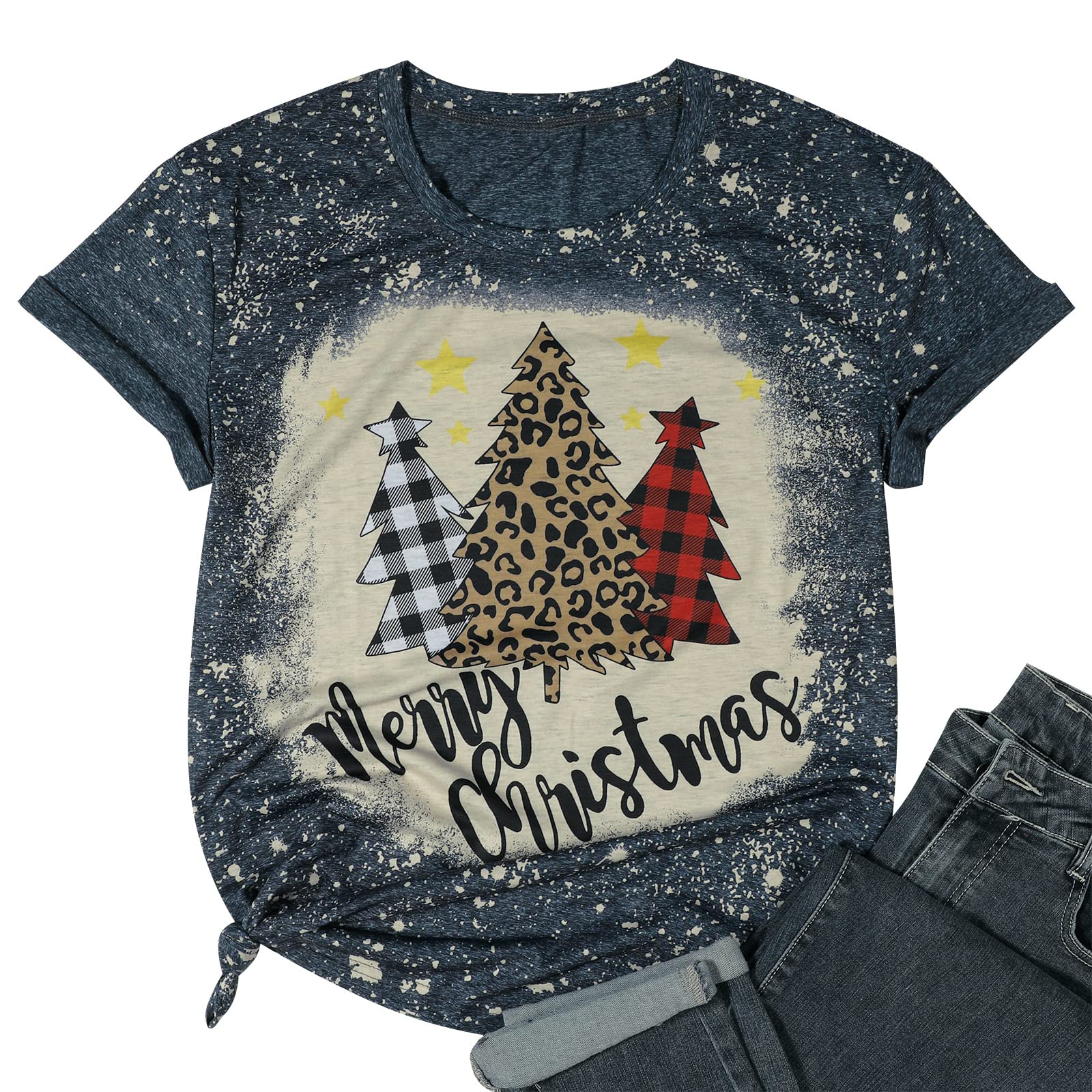 Festive Christmas Shirts for Women - Leopard & Plaid Print Holiday Tee with Christmas Tree Design - Casual Short Sleeve Tops for Parties, Family Gatherings & Festive Outfits