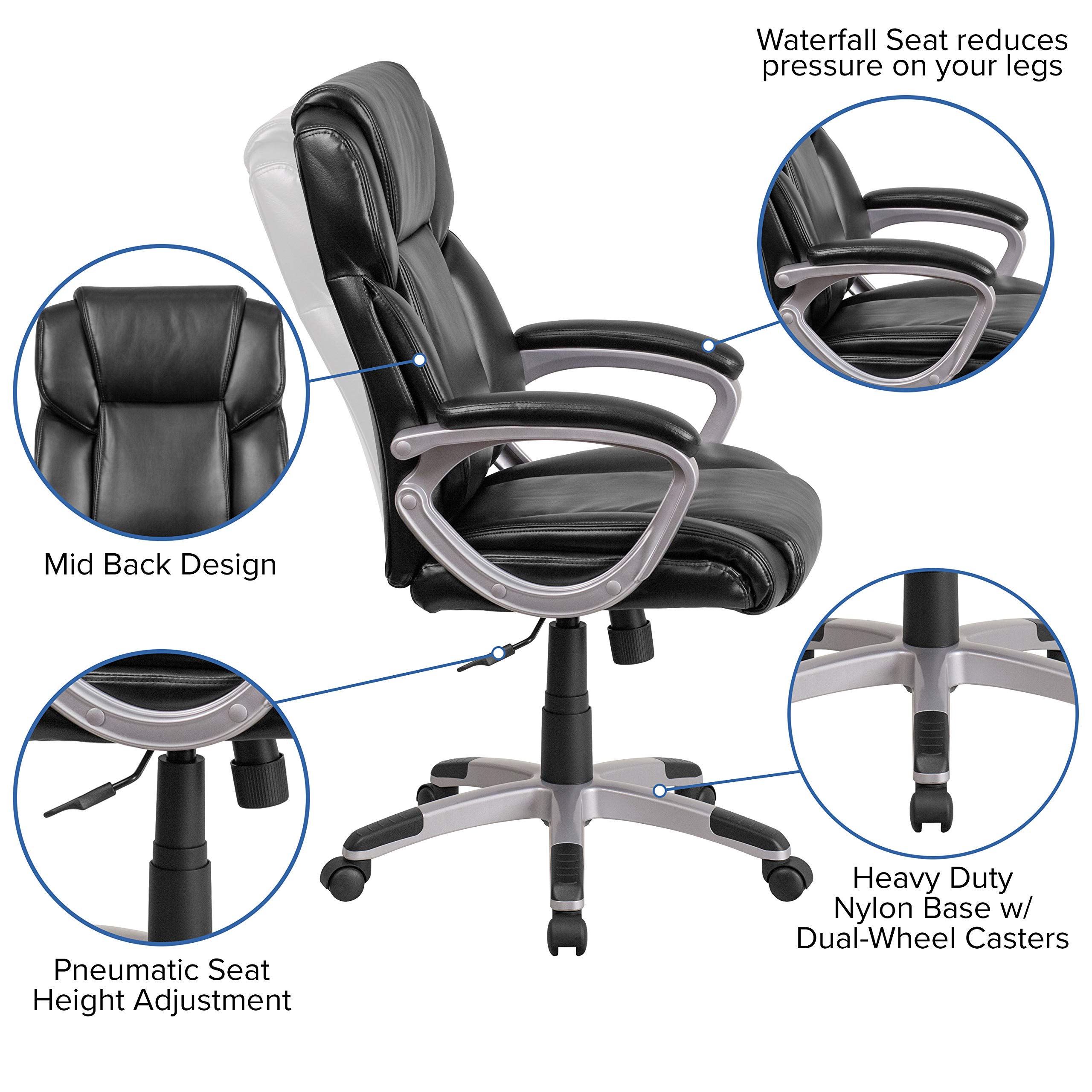 Premium Mid-Back Black LeatherSoft Executive Office Chair with Padded Arms - Ergonomic Swivel Task Chair for Home Office, Conference Room & Workspace