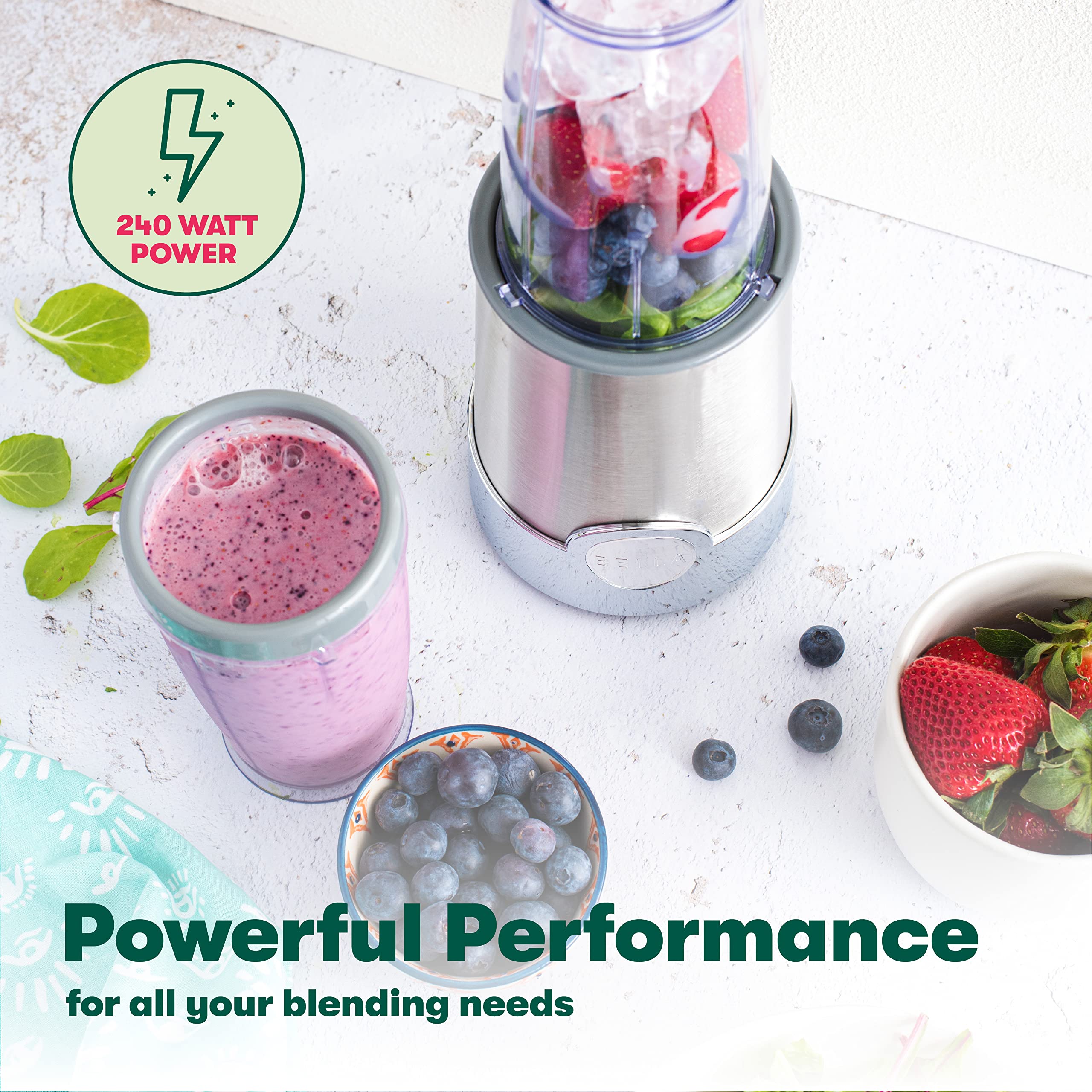 BELLA Personal Size Rocket Blender for Smoothies, Protein Shakes & Juicing - Portable Mini Blender & Food Processor with 12 BPA-Free Accessories (240W, Stainless Steel) - Perfect for Gym, Office & Travel
