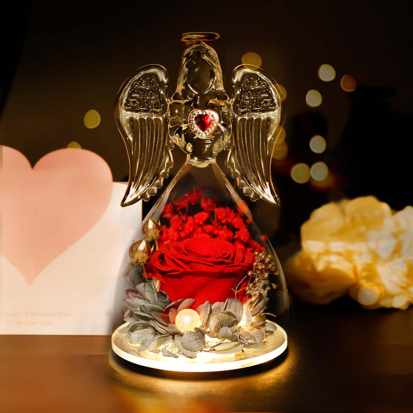Real Rose Preserved in Glass Angel Figurine - Eternal Flower Gift for Mother's Day, Birthday, Anniversary - Perfect Present for Mom, Grandma, Wife from Daughter (Red) | Home Decor, Wedding Centerpiece, Keepsake Display