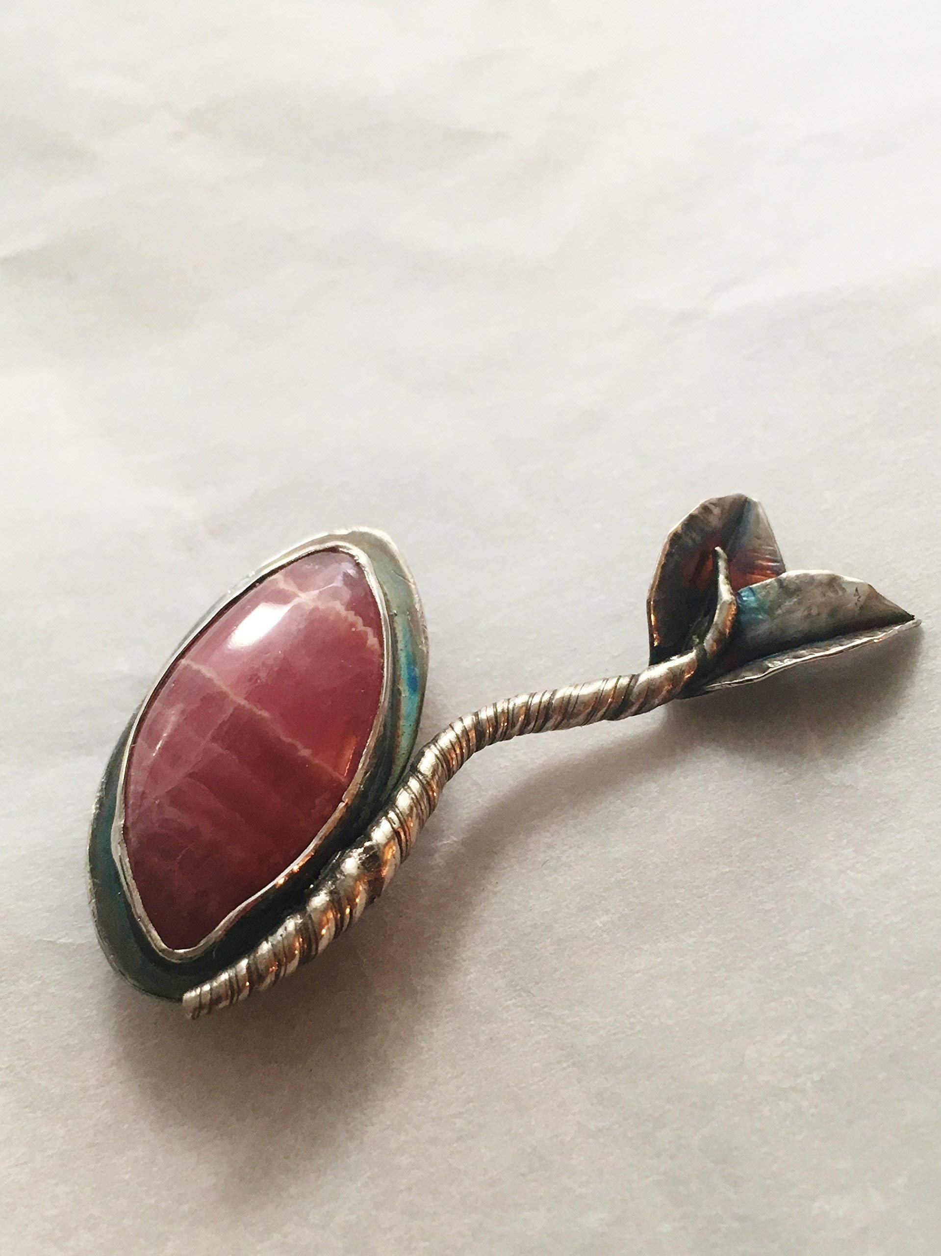 Pink Rhodochrosite Gemstone Sterling Silver Brooch Pin with Handforged Leaves - Elegant Jewelry for Women, Perfect for Weddings, Parties & Special Occasions