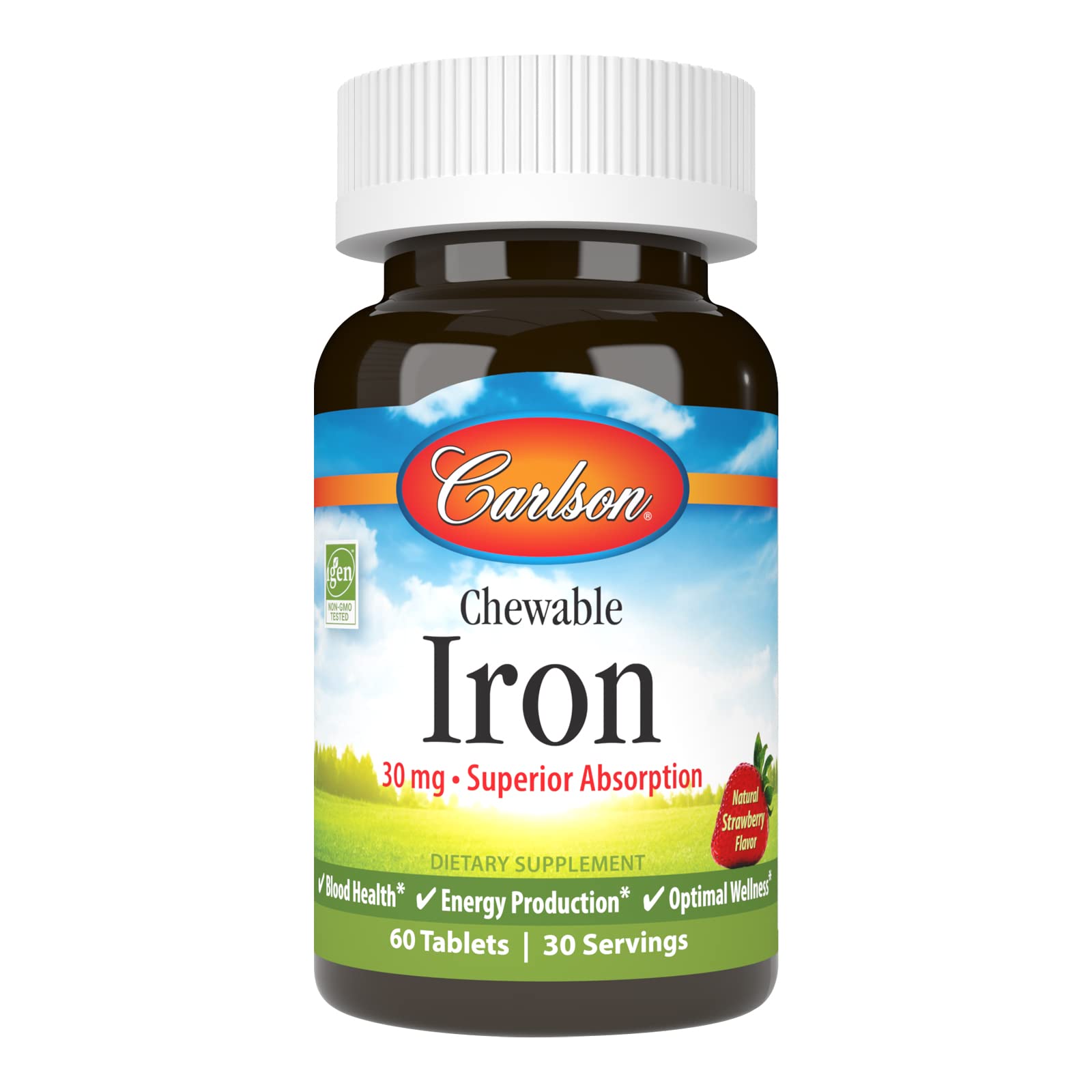 Carlson Labs Kids Chewable Iron Supplement - 15mg per Serving, Strawberry Flavor, 60 Tablets - Supports Healthy Energy & Immune System for Children - Perfect for Picky Eaters & Active Kids