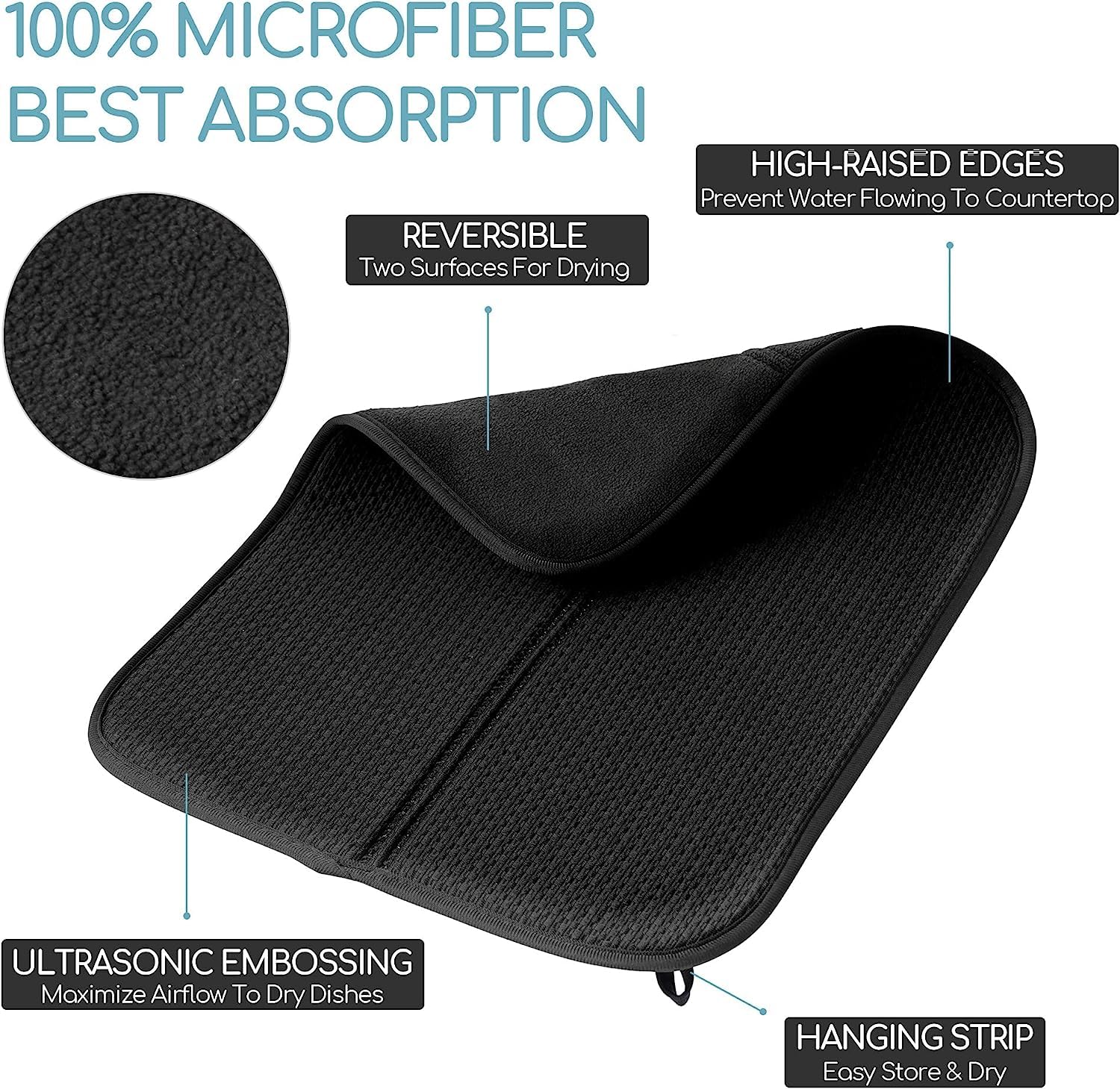 2 Pack Super Absorbent Microfiber Dish Drying Mats - 16x24 Inch Large Kitchen Counter Drying Pads | Non-Slip Dishes Drainer Mats for Sink, Countertop & Dish Rack (Perfect for Drying Dishes, Cups & Utensils)