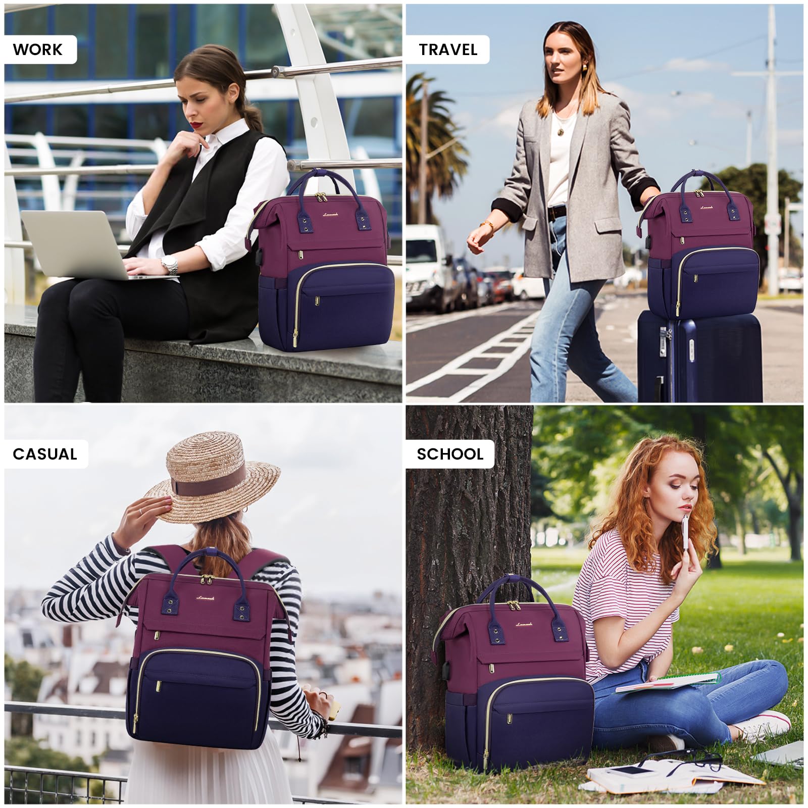 LOVEVOOK Women's Waterproof Laptop Backpack with USB Charging Port - 15.6 Inch Large Travel Work Bag for Teachers, Doctors & Nurses (Purple-Blue) - Perfect for Commuting, Business Trips & College Campus Use
