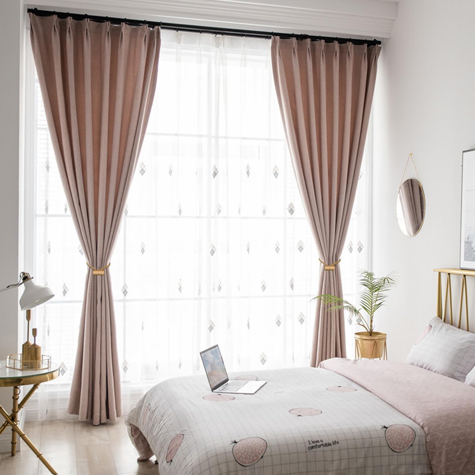 Strong Magnetic Curtain Tiebacks - Gold Decorative Rope Holdbacks for Window Draperies | 2-Pack Heavy Duty Weave Holder | Perfect for Living Room, Bedroom & Office Curtains