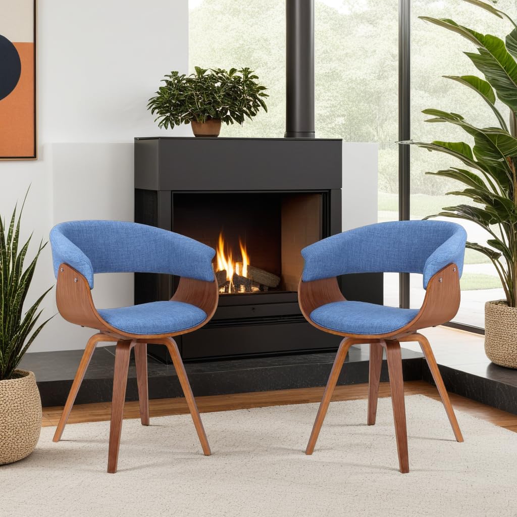 Mid Century Modern Dining Chair - Blue Fabric & Walnut Wood Accent Chair for Kitchen, Dining Table, Office Desk | Stylish Home Decor for Living Room, Breakfast Nook & Vanity Area