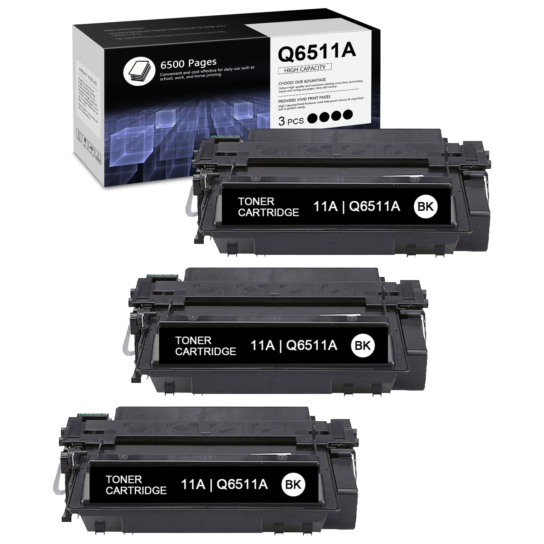 3-Pack Black Q6511A Compatible Toner Cartridge for HP 2420dn/2430tn/2410/2420 Series Printers - High Yield Replacement - Perfect for Home Office & Small Business Printing Needs