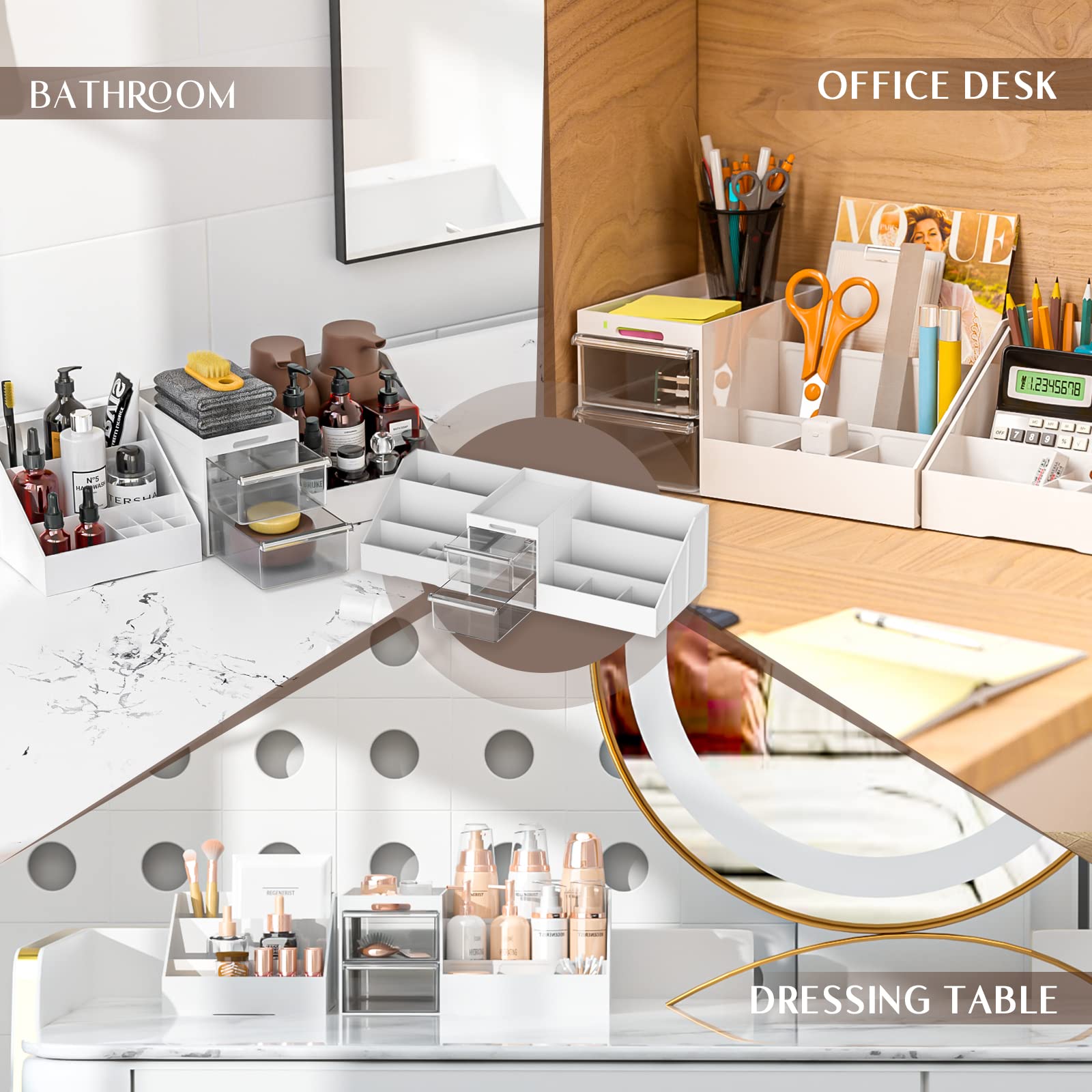 2-in-1 Makeup Organizer and Skincare Tray Set - Large Capacity Cosmetic Storage Organizer for Vanity, Bathroom Countertop & Bedroom (White, 2 Drawers) | Perfect for Beauty Product Organization and Morning Routine Prep