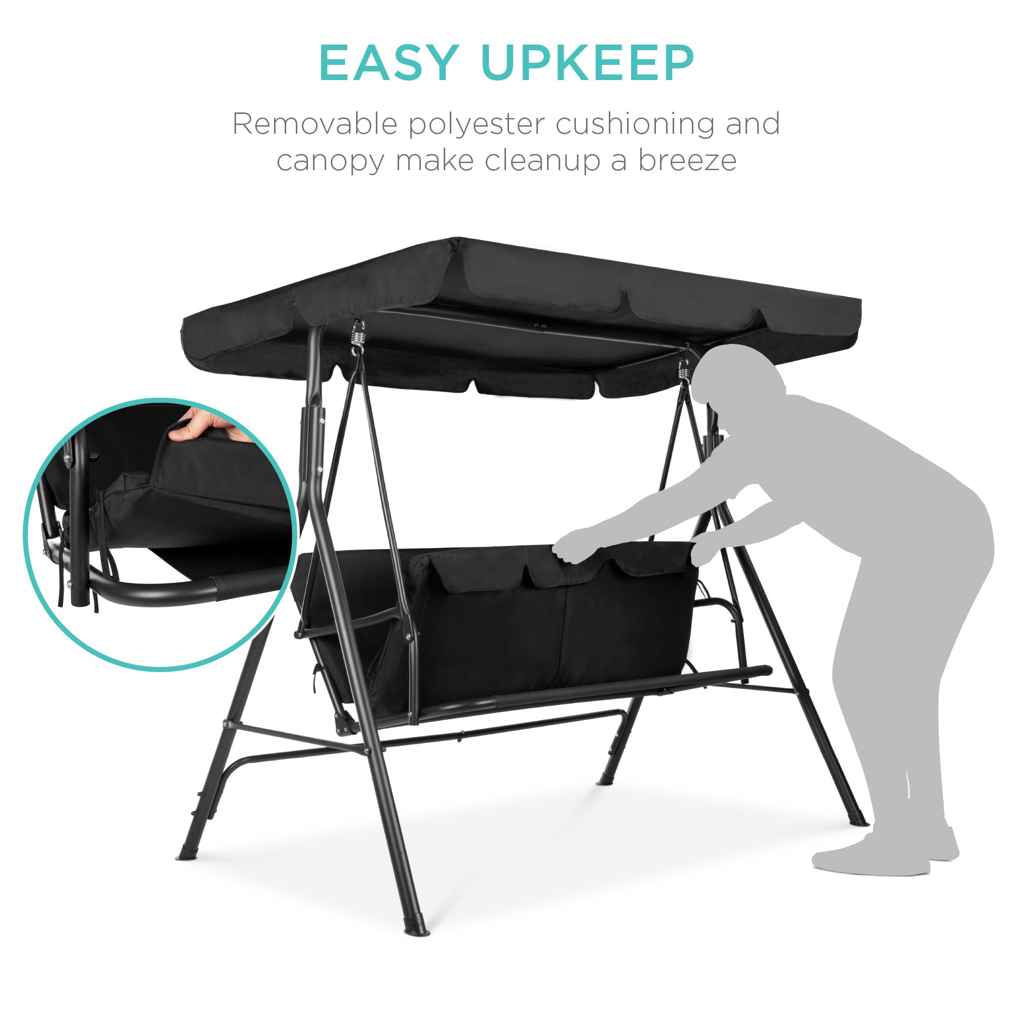 Best Choice Products 2-Person Outdoor Patio Swing Chair with Convertible Canopy - Adjustable Shade Hanging Glider Porch Bench for Garden, Backyard, Poolside - Removable Cushions, Black - Perfect for Relaxing, Reading & Enjoying Outdoor Breezes