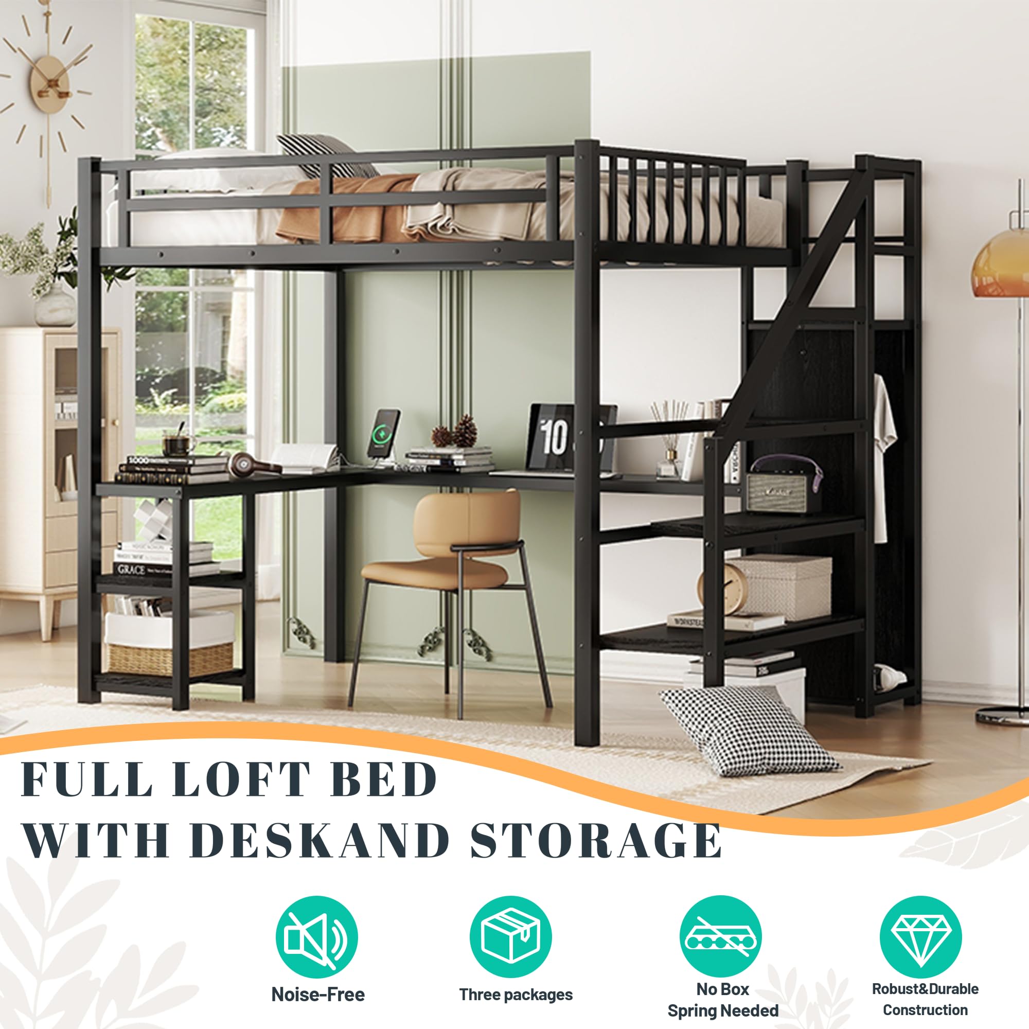 Full Size Metal Loft Bed with Stairs, Desk & RGB LED Lights - Heavy Duty Steel Gaming Loft Bed Frame with Storage Wardrobe, Shelves & Charging Station for Adults, Teens & Kids - Perfect for Small Spaces, Dorm Rooms & Gaming Setups (Black)