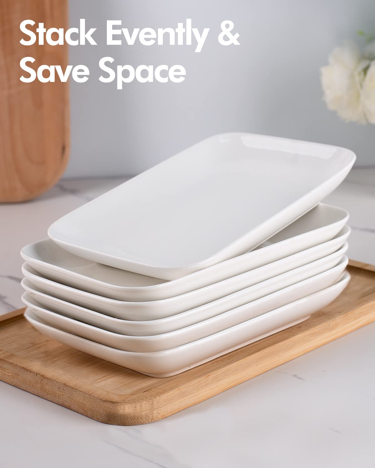 DELLING 8 Inch Rectangular Ceramic Appetizer Plates Set of 6 - Small Serving Plates for Salad, Dessert, Sushi, Snacks - Microwave, Oven & Dishwasher Safe - Perfect for Dinner Parties, Picnics, and Home Entertaining - White