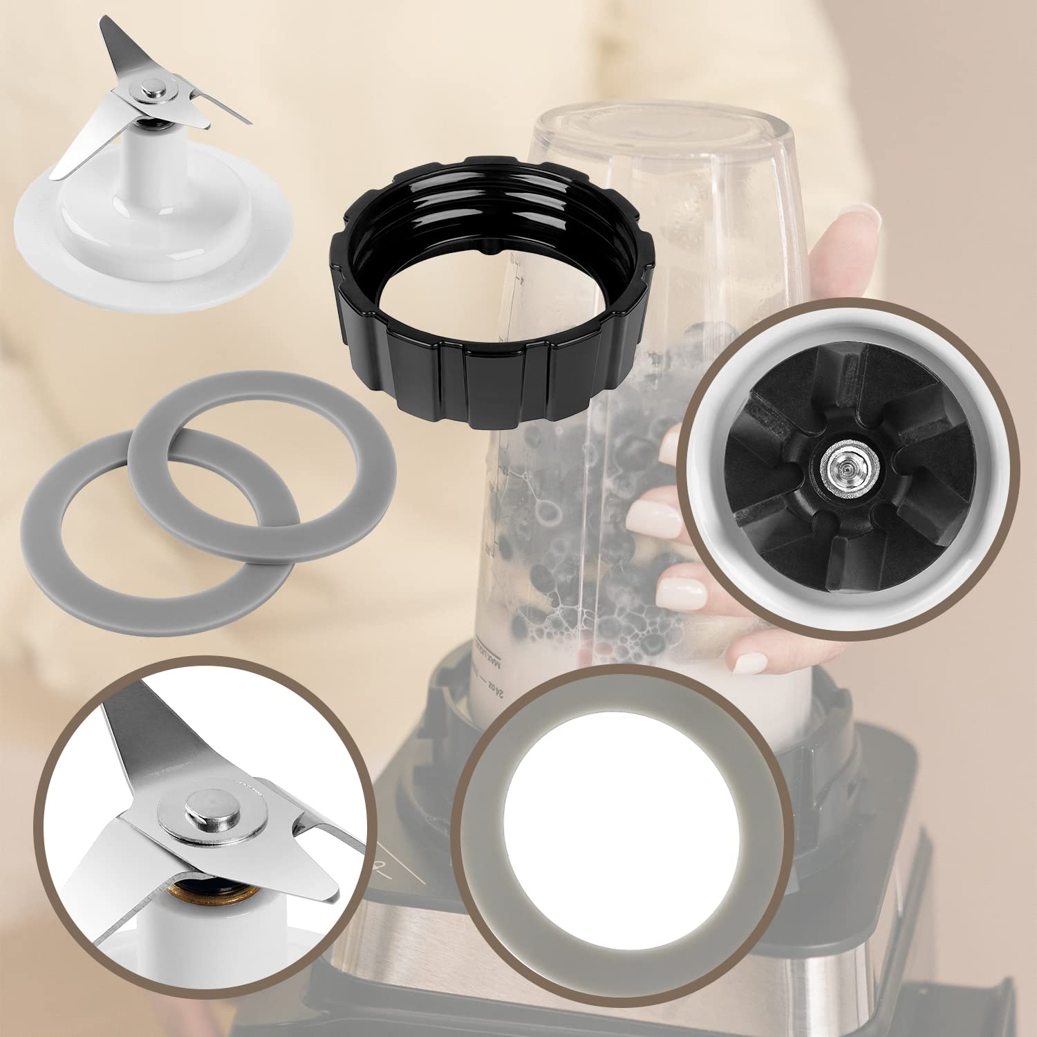 Hamilton Beach Blender Replacement Parts - Blades, Gasket, Base Cap & 2 Rubber O-Rings | Durable Accessories for Smooth Blending | Perfect for Home Kitchens & Smoothie Shops