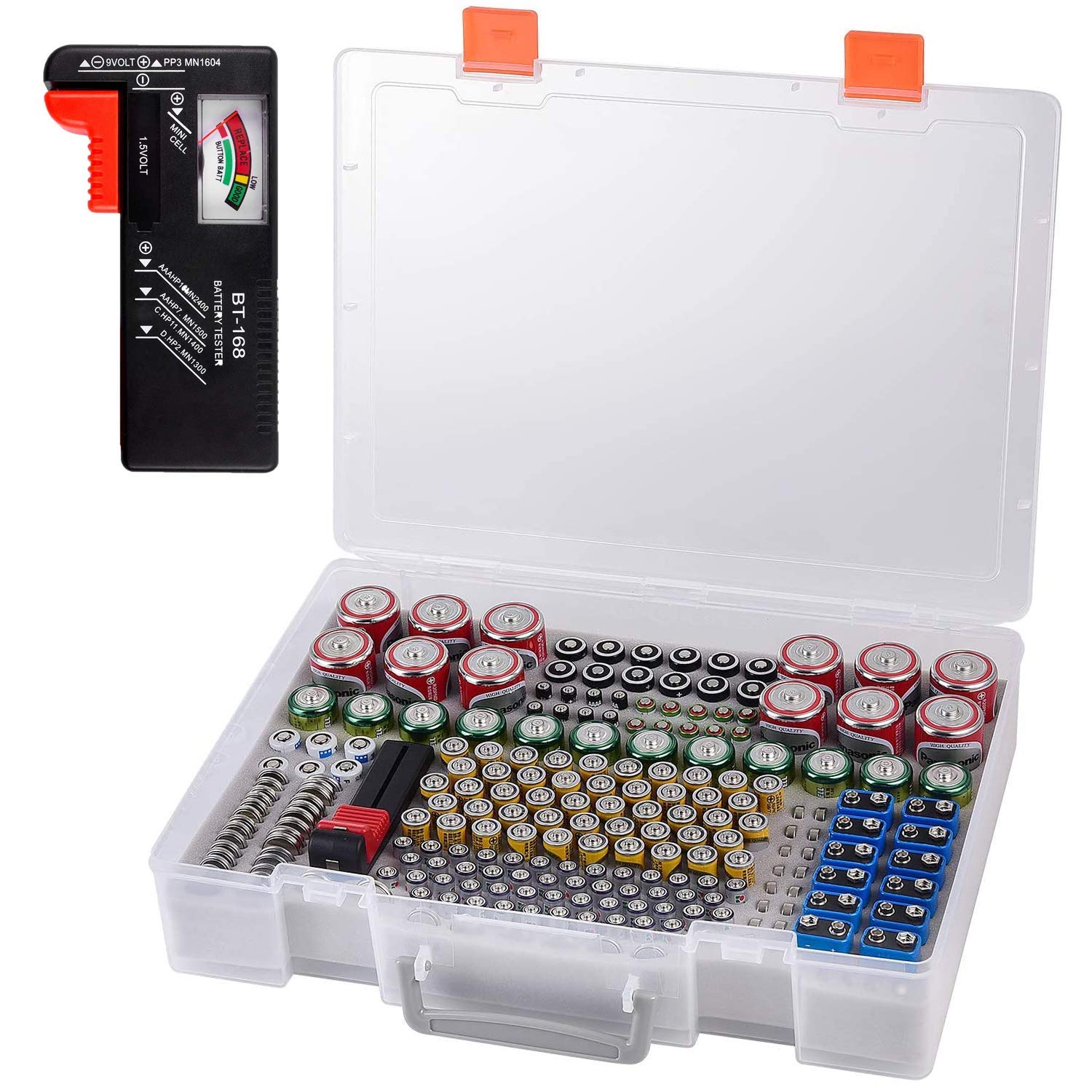 2-Pack Battery Organizer Storage Case with Tester - Holds 225 AA AAA C D 9V Batteries & Button Cells (CR2032, LR44) - Garage & Home Organization for Easy Battery Access & Testing