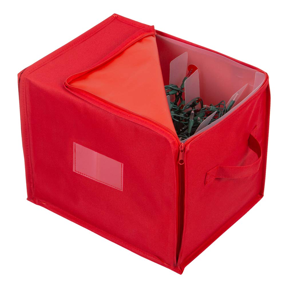 Holiday Light Organizer - Stores 500 Christmas Lights with Plastic Divider Reels | Collapsible Zippered Storage Box for Tree String Lights (Red) | Perfect for Holiday Decoration Storage & Organization