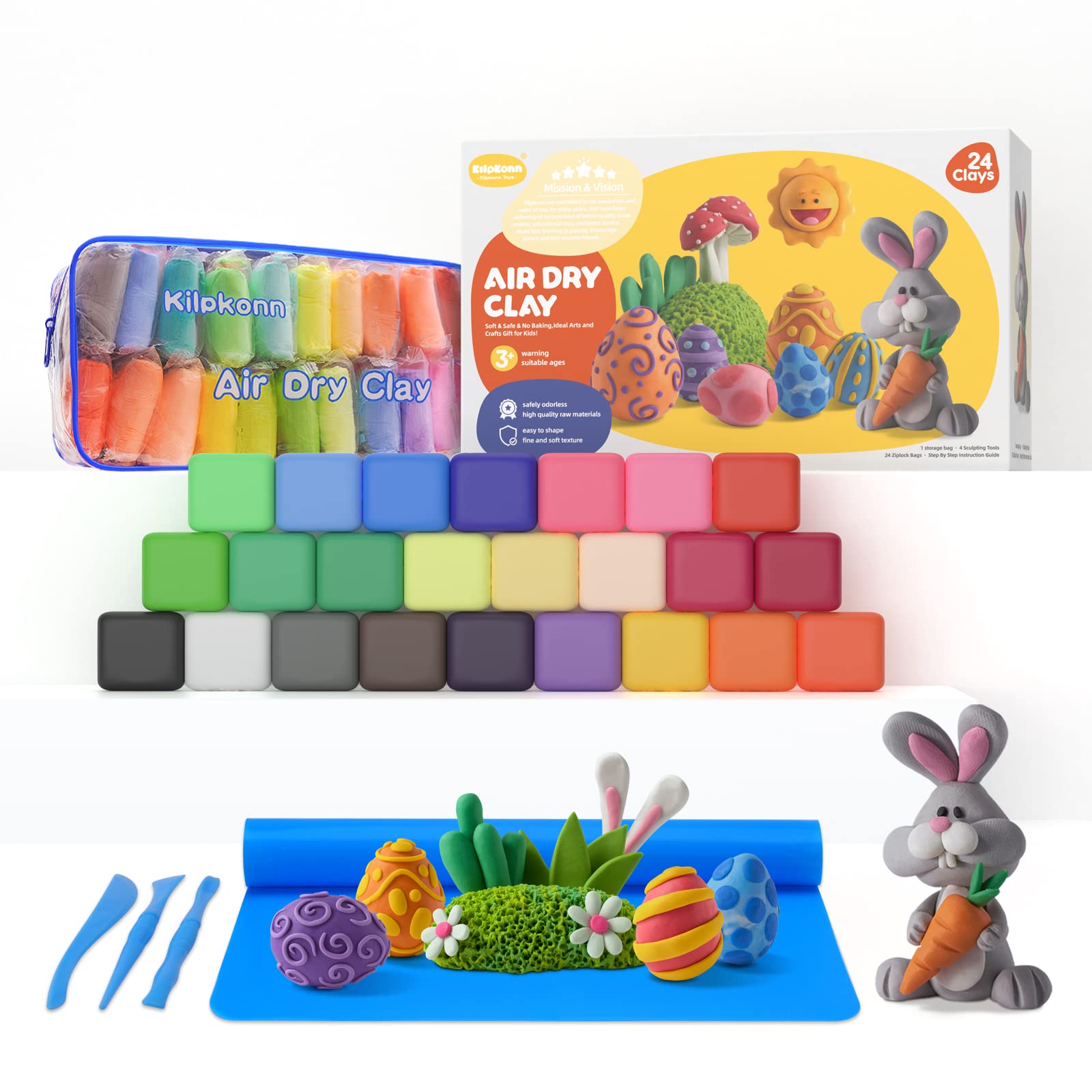 24 Colors Air Dry Clay Kit with Tools & Mat - Safe & No Bake for Kids Crafts