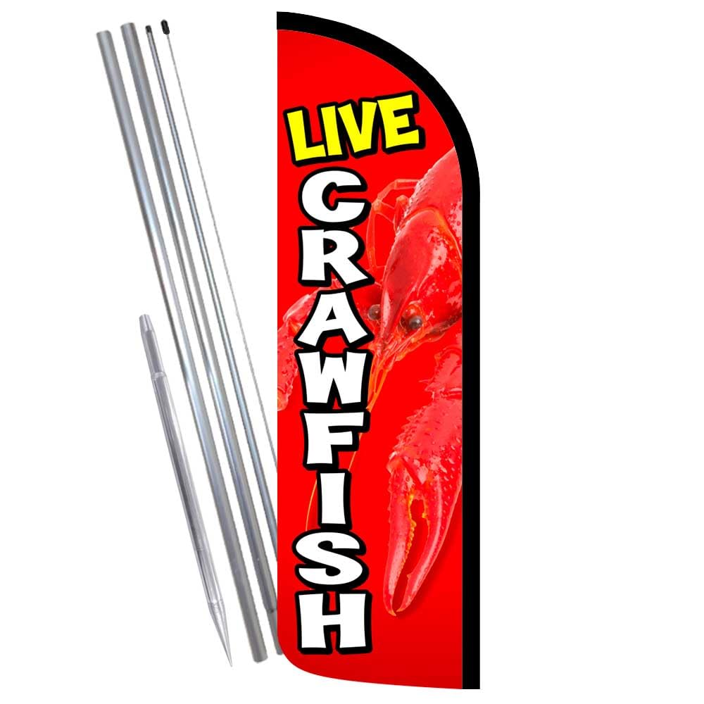 Premium Live Crawfish Windless Feather Banner Flag Kit - Includes Flag, Pole & Ground Mount | Perfect for Outdoor Events, Festivals & Tailgating