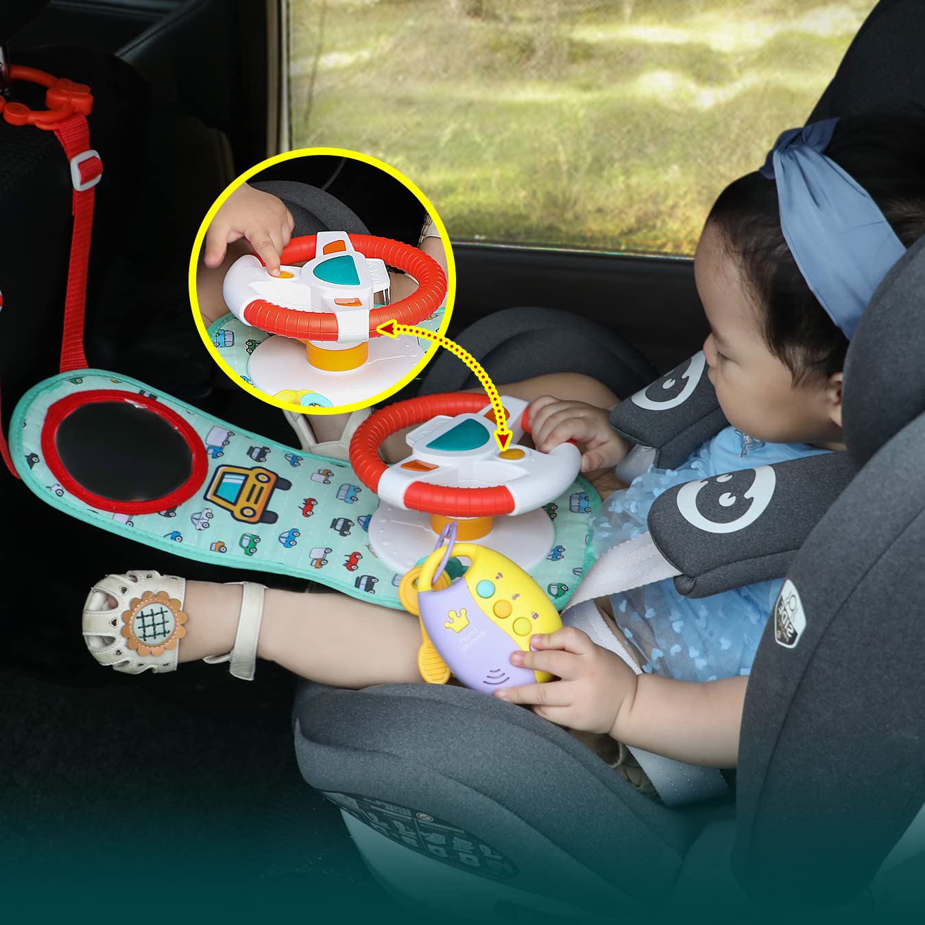 Best Baby Car Seat Toys for Infants & Toddlers - Soft Mirror & Toy Keys with Music, Lights & Driving Sounds - Safe Carseat Steering Wheel Toy for Road Trips & Travel Entertainment
