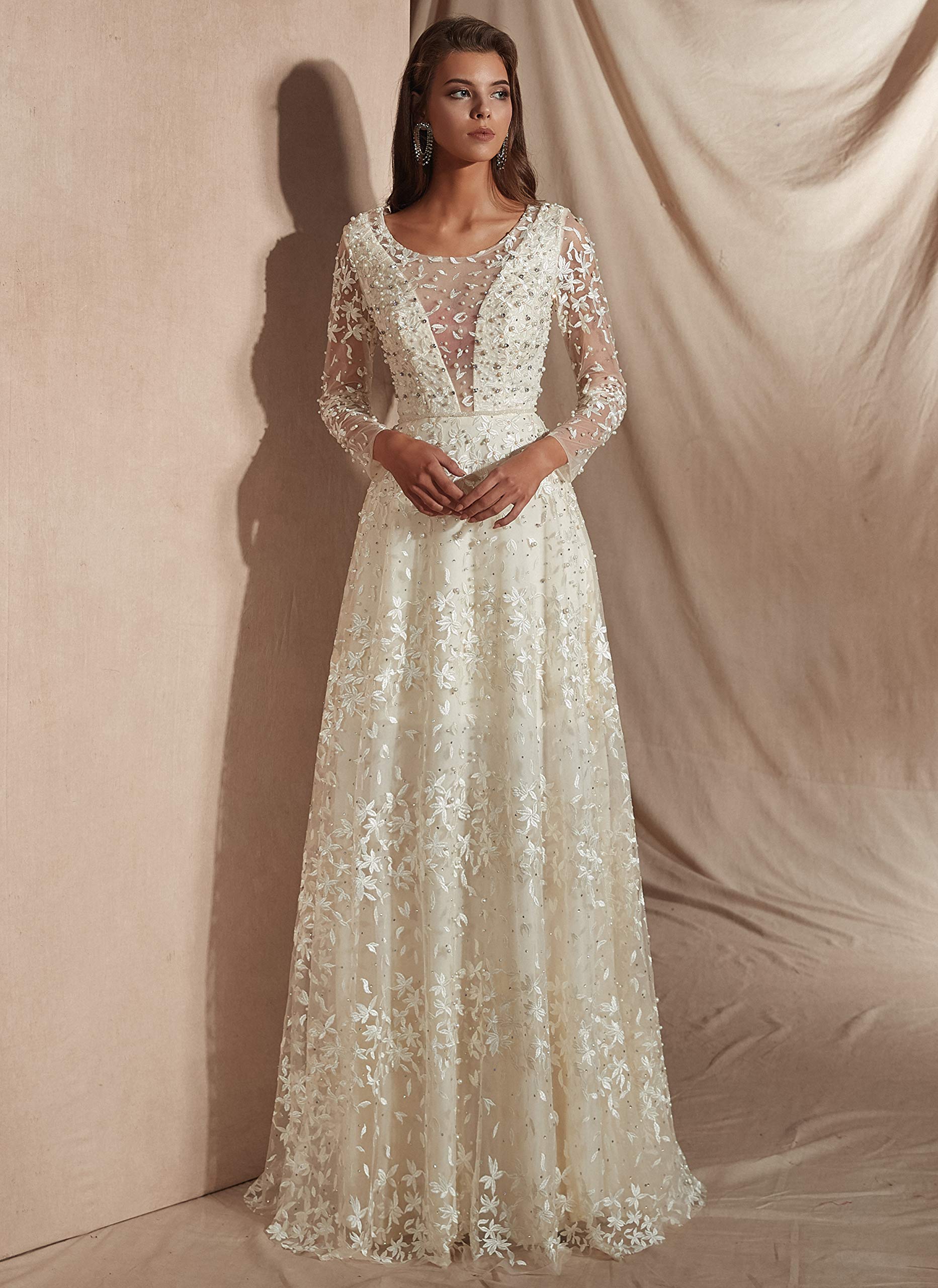 Elegant Beaded Long Sleeve Lace Applique Tulle Wedding Dress for Women - Perfect for Bridal, Formal Events & Romantic Photoshoots