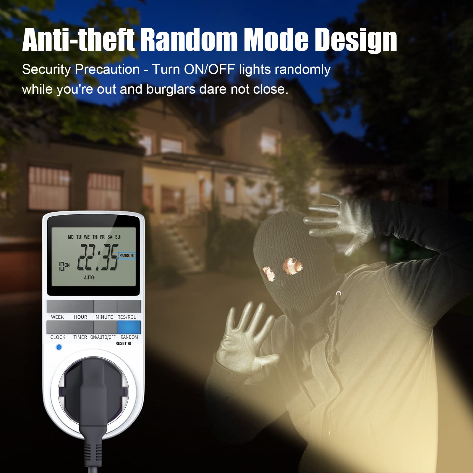 Programmable Digital Timer Outlet with Large LCD Display, Random Anti-Theft Mode, Energy Saving Power Socket for Home Appliances (16A/3680W) - Perfect for Lighting, Aquariums, and Holiday Decorations