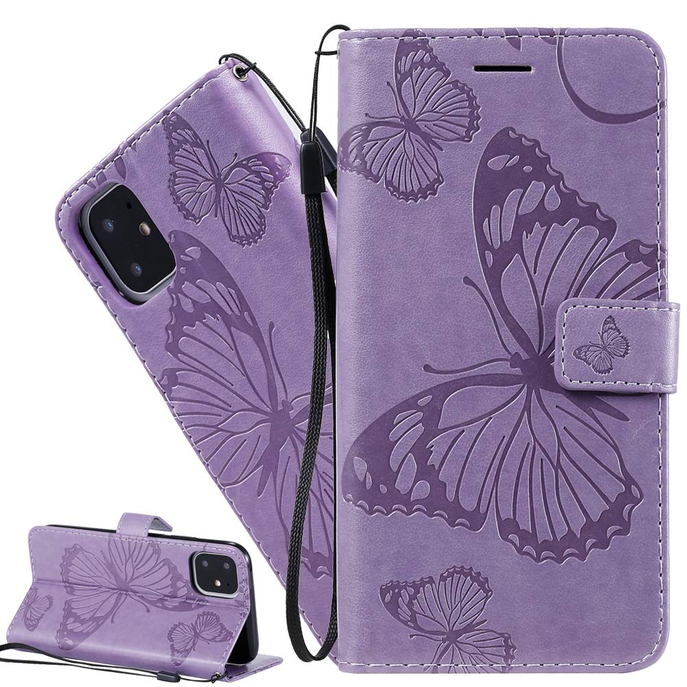 ISADENSER Premium Magnetic Flip Case for iPhone 11 Pro Max (6.5 inch) - Butterfly Design with Card Slot, Kickstand & Business Embossing | Purple KT Series | Perfect for Work, Travel & Daily Protection
