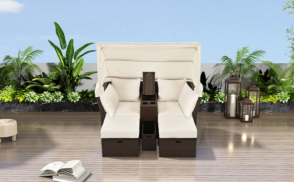 2 Seater Outdoor Patio Daybed with Foldable Awning & Cushions - Double Loveseat Sofa Set for Garden, Balcony, Poolside - Perfect for Relaxing, Sunbathing & Outdoor Lounging (Beige)