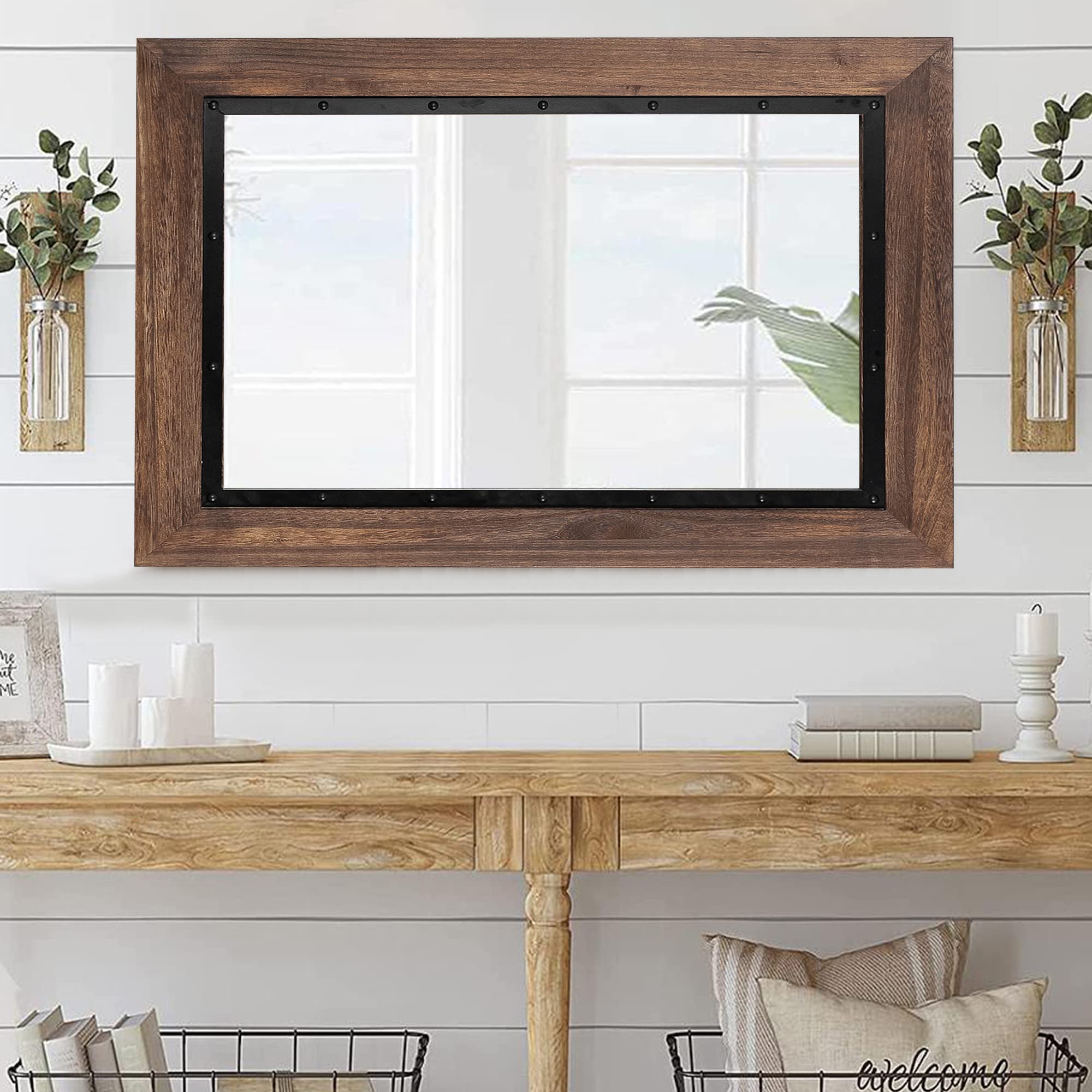 YOSHOOT Rustic Wooden Framed Wall Mirror 30x20 Inches - Natural Farmhouse Bathroom Vanity Mirror with Iron Accents - Perfect for Vertical or Horizontal Hanging in Bathroom, Bedroom & Entryway Decor