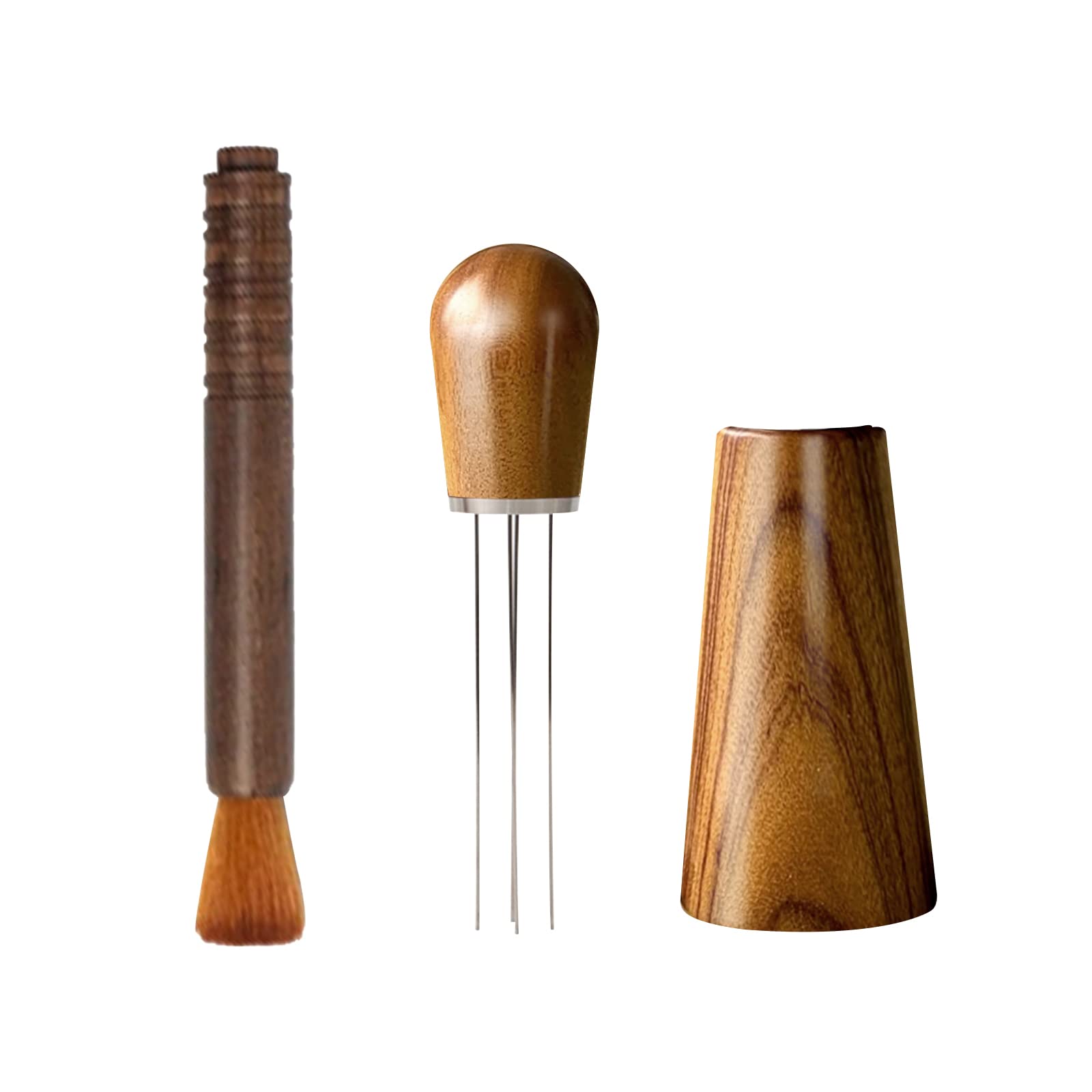 Ubougty Brown Coffee Stirrer - Wood Handle Espresso Tool with 4 Stainless Needles & Brush for Barista Use