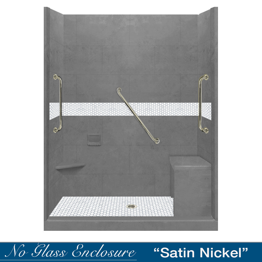 Freedom 60 Alcove Wet Cement Sistine Stone & Pearl Hex Mosaic Tile - DIY Shower Remodel Kit for Bathroom & Backsplash Renovation | Waterproof & Easy Installation