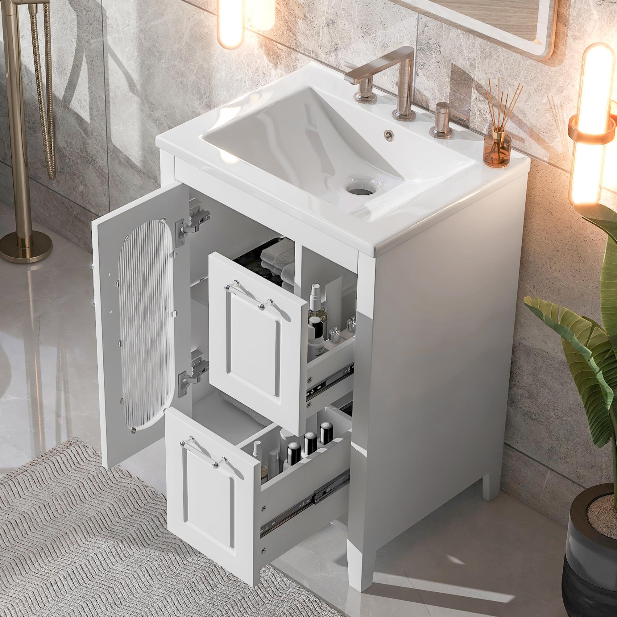 24 Inch White Bathroom Vanity with Sink - 2 Drawers, Glass Door & Adjustable Shelf - Free Standing Wood Storage Cabinet for Small Bathrooms | Perfect for Powder Rooms, Guest Baths & Compact Spaces