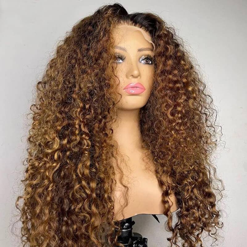 Eullair Ombre 1B/30 Brown Highlights Curly Human Hair Wig with 1B Roots Lace Frontal - Natural Look for Cosplay, Daily Wear & Special Occasions