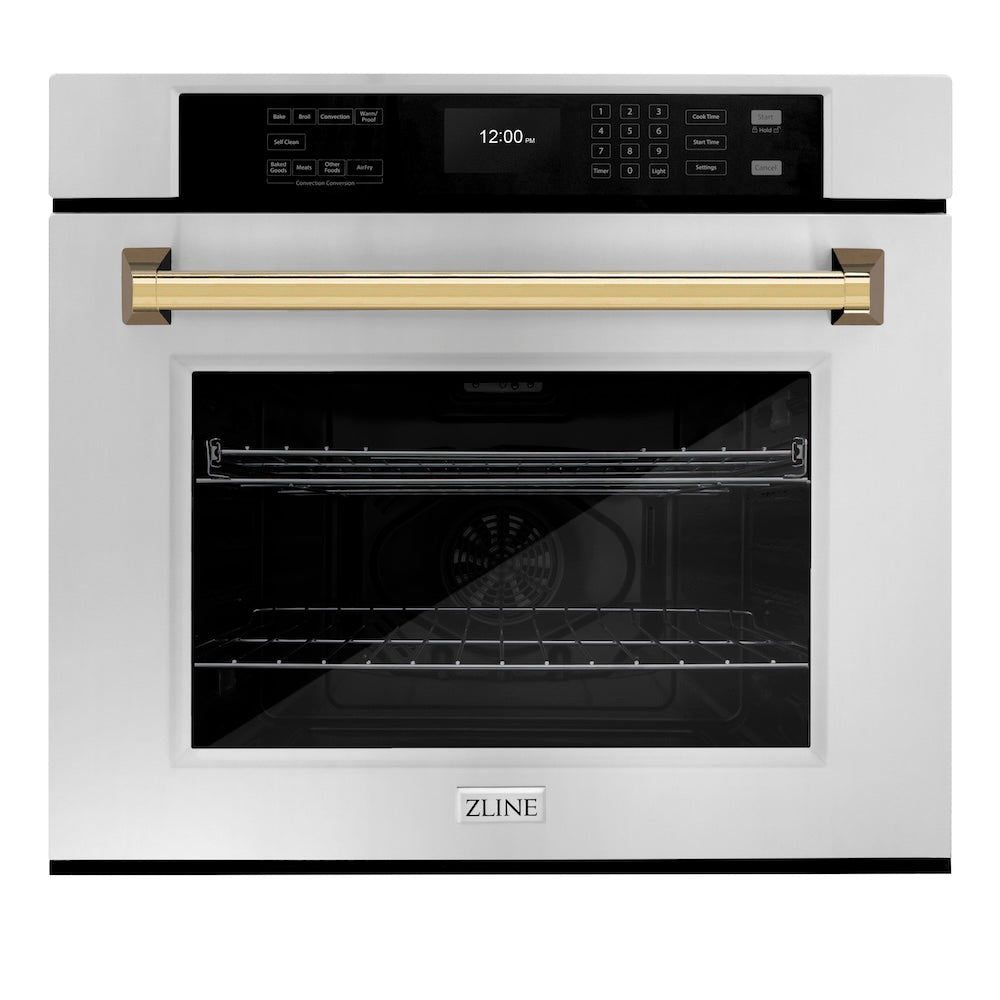 ZLINE Autograph Edition 30 Inch Professional True Convection Single Wall Oven with Air Fry & Self Clean - Stainless Steel with Polished Gold Handle (WASZ 30 G) | Perfect for Home Chefs & Modern Kitchens | Baking, Roasting & Air Frying
