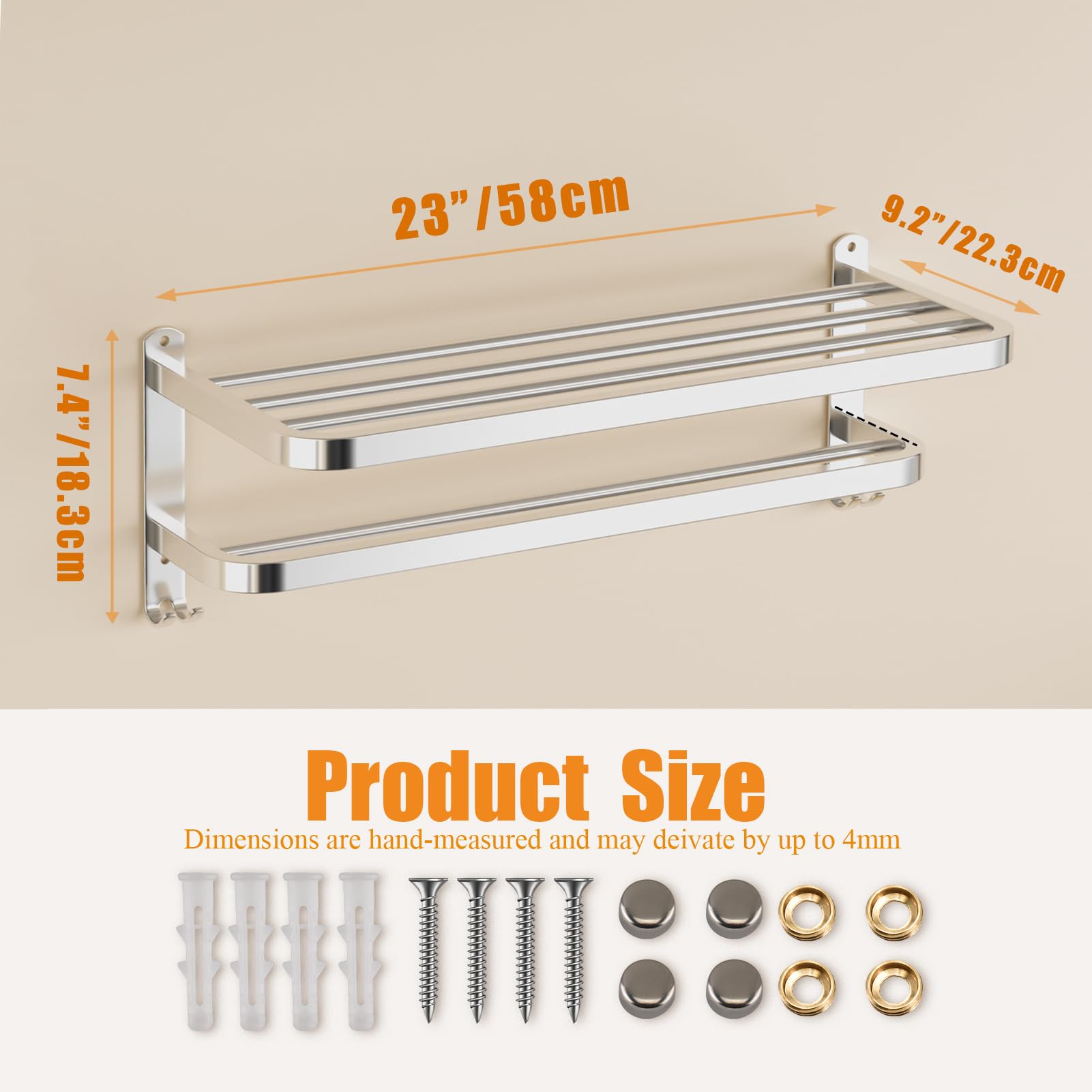 Stainless Steel Bathroom Towel Rack with Double Bars & Hooks - 23 Inch Wall Mounted Shelf for Towels & Bath Accessories - Perfect for Hotel, Spa & Home Bathroom Organization