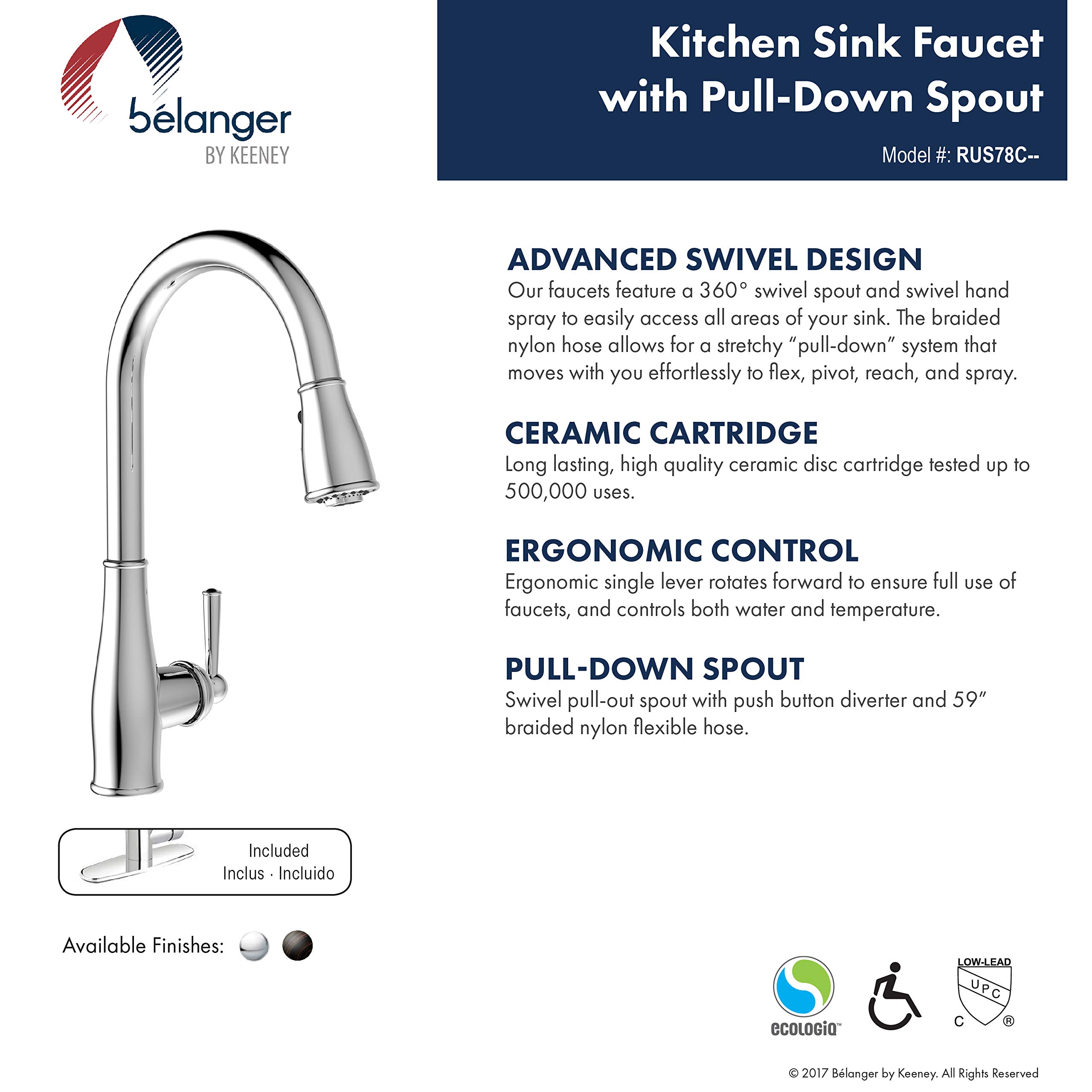 Belanger RUS78CORB Pull Down Kitchen Faucet with Oil Rubbed Bronze Finish - Perfect for Modern Farmhouse, Rustic, or Traditional Kitchen Designs