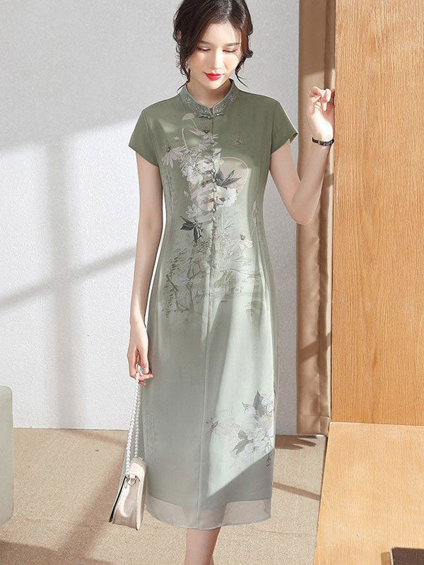 Elegant Pink & Green Floral Chiffon A-Line Cheongsam Qipao Dress for Women | Traditional Chinese Dress for Parties, Weddings & Special Occasions