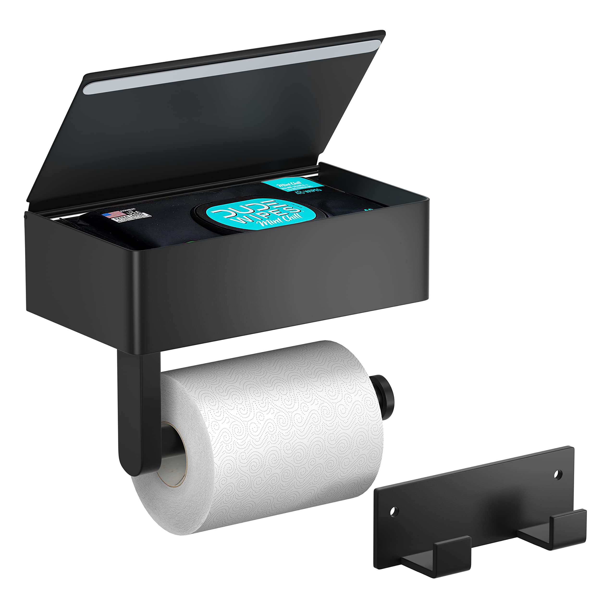 Tindbea Wall Mount Toilet Paper Holder with Shelf & Towel Hook - Matte Black Bathroom Organizer, Stainless Steel Flushable Wet Wipes Dispenser for Feminine Products (Large) - Perfect for Small Bathrooms, Powder Rooms & RV Toilets
