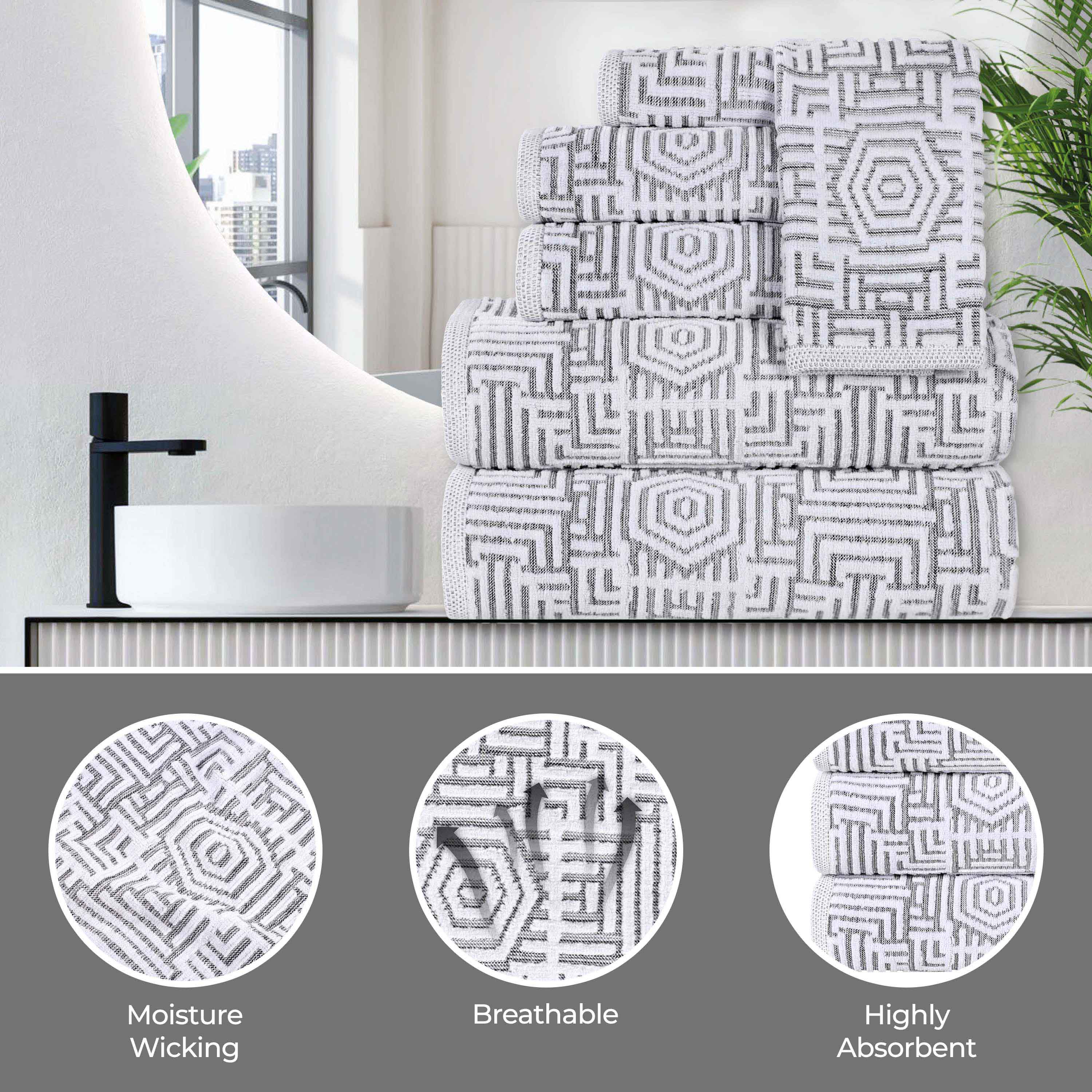 Premium Cotton Modern Geometric Jacquard Plush Bath Towel Set of 3 - Ultra Absorbent & Quick Dry - Luxury Spa, Bathroom & Beach Towels for Home & Travel