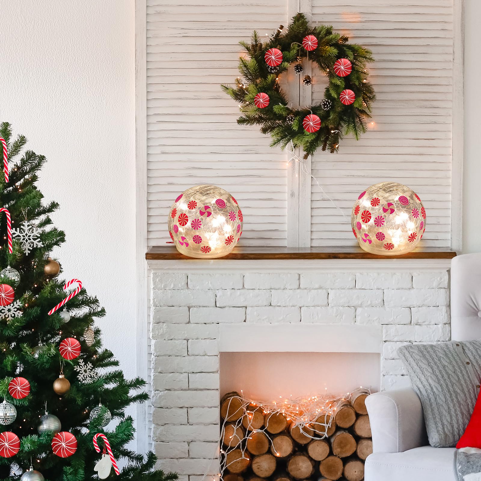 2 Pack Peppermint Christmas Lights Decorations - 3.9 Inch Battery Operated Crackle Glass Ball Lights, Candy Globe Night Lights for Christmas Tabletop Decor, Indoor Holiday Table Lamps - Perfect for Christmas Tree, Mantel, Centerpiece, and Festive Home Decor