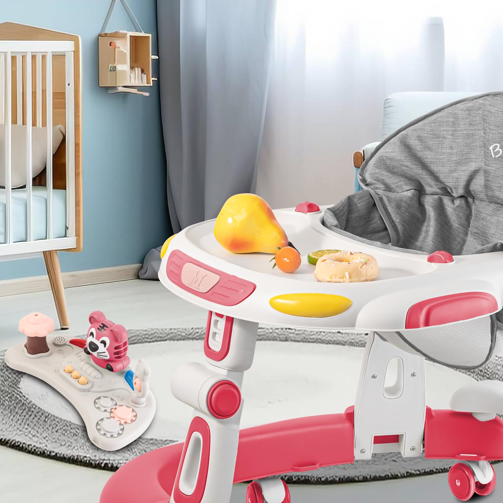 4-in-1 Foldable Baby Walker & Activity Center with Toy Tray - 3-Level Height Adjustable Infant Walker with Wheels for Boys & Girls 6-24 Months (Pink) | Perfect for Learning to Walk, Playtime & Early Development at Home