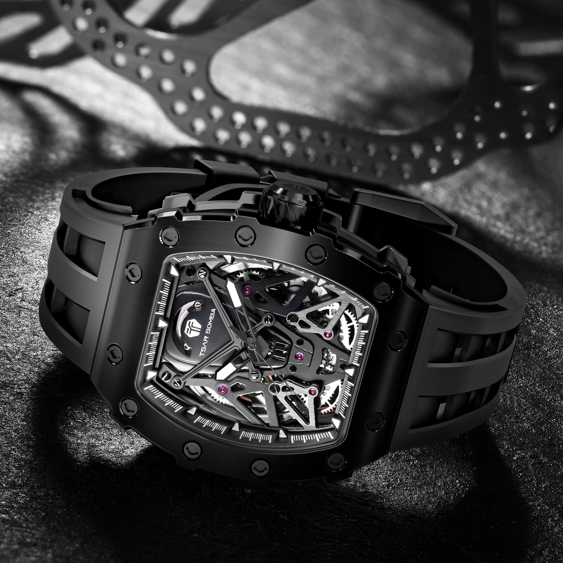 Luxury Automatic Skeleton Watch for Men - 50M Waterproof Mechanical Tonneau Watch with Silicone Band - Perfect for Business, Formal Events & Christmas Gifts